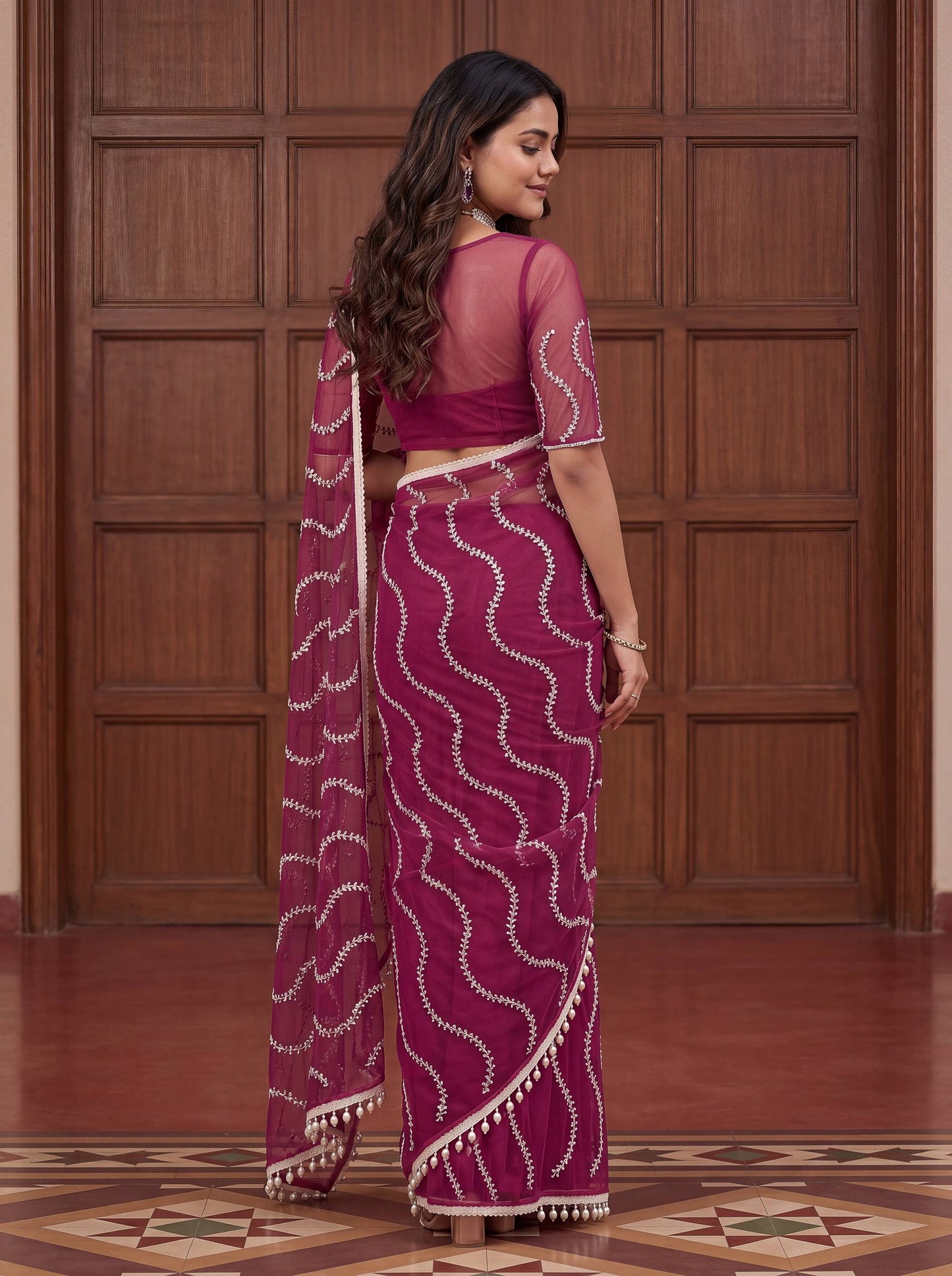 Designer Net Embroidered Saree with Beads Sequins & Pearl Work