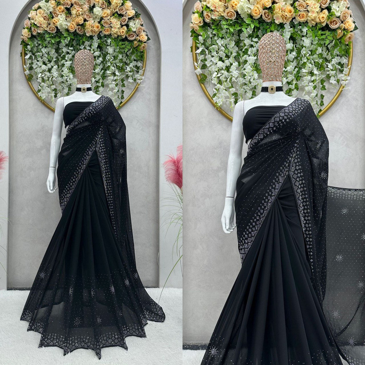Beautiful Party Wear Black Georgette Sequence Work Saree With Blouse