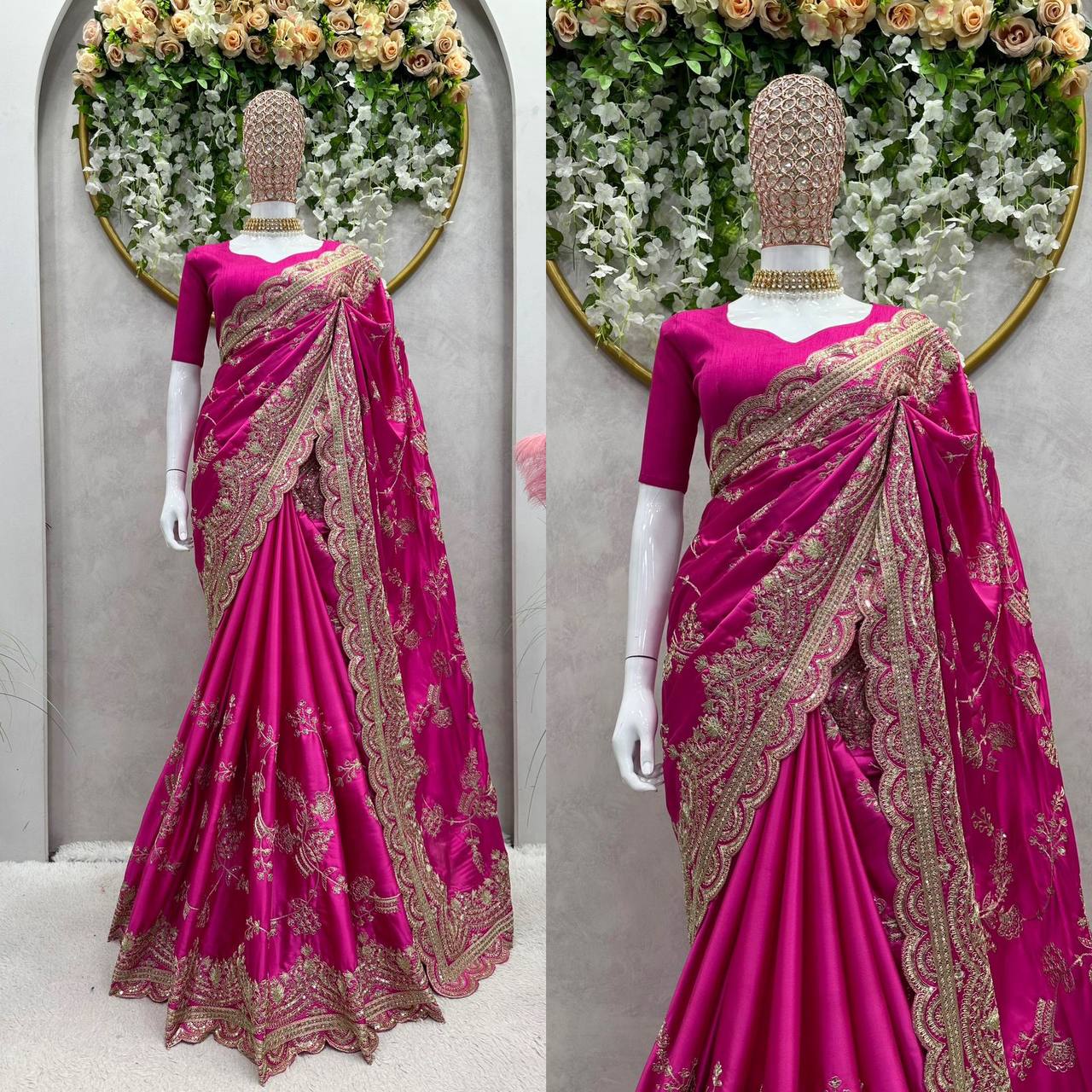 Pink Color Sequence Work Japan Satin Wedding Wear Saree Blouse