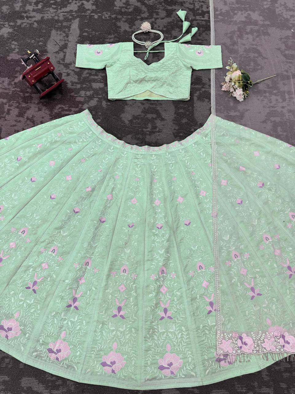 Latest Sea Green Color Mono Banglori Sequence Work Lehenga Choli