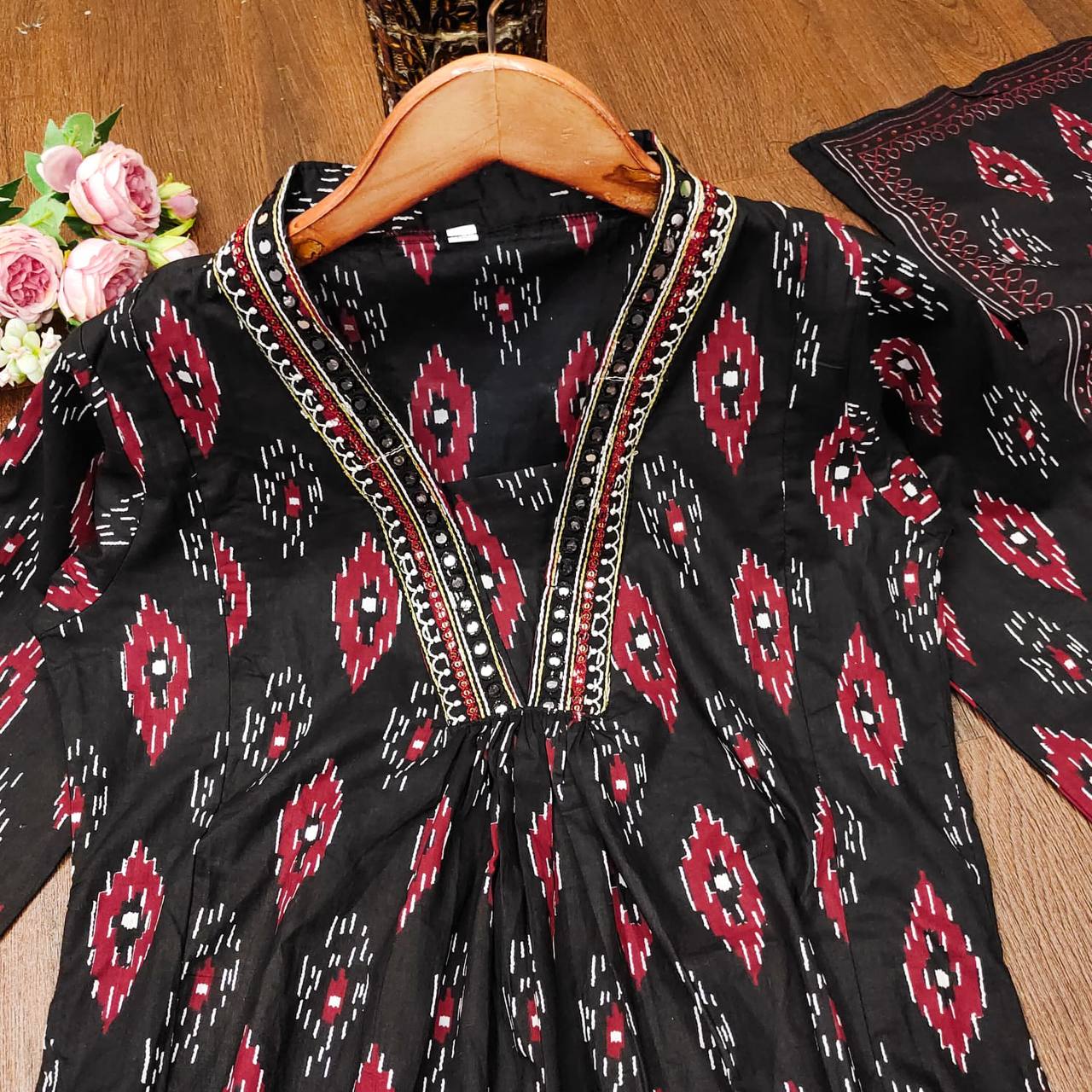 Black Color Cotton Embroidery Printed Work Salwar Suit For Women