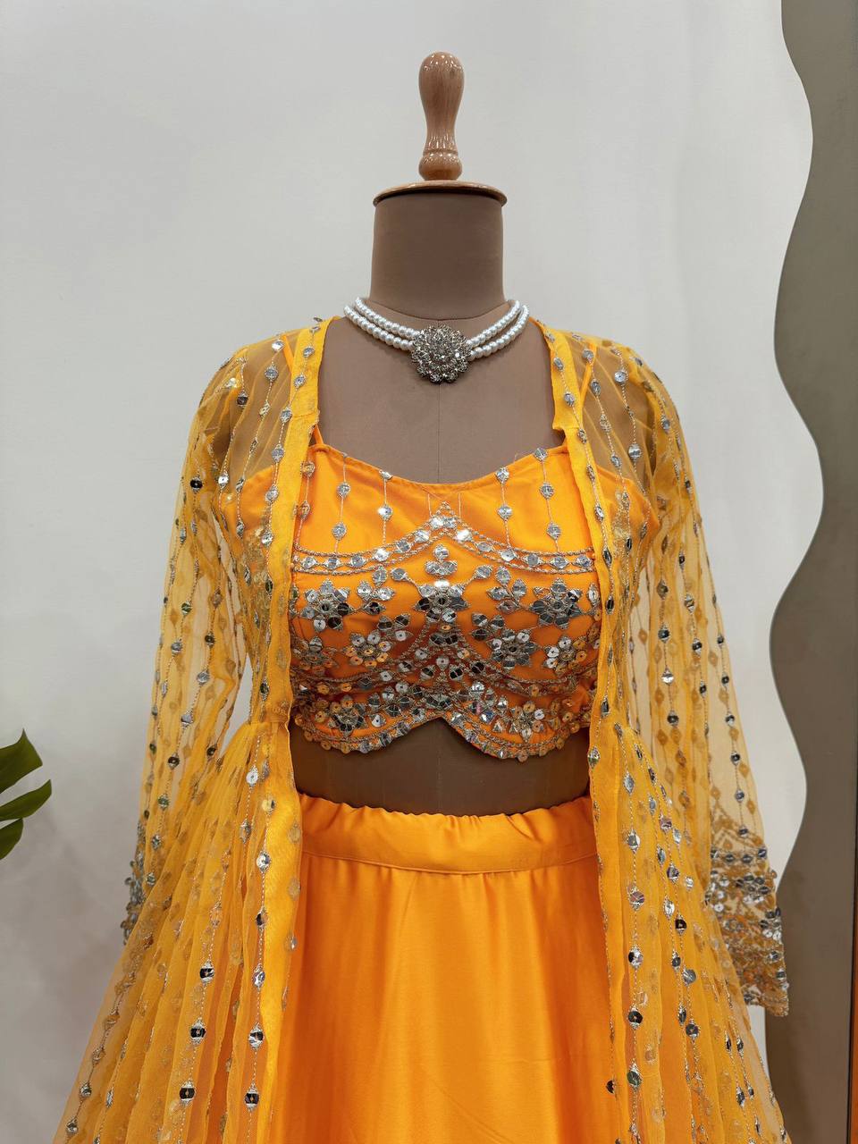 Amazing Yellow Color Sequence Work Japan Satin Lehenga Choli With Koti