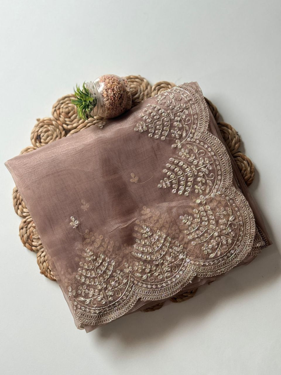 Beige color Organza Silk Saree with Blouse