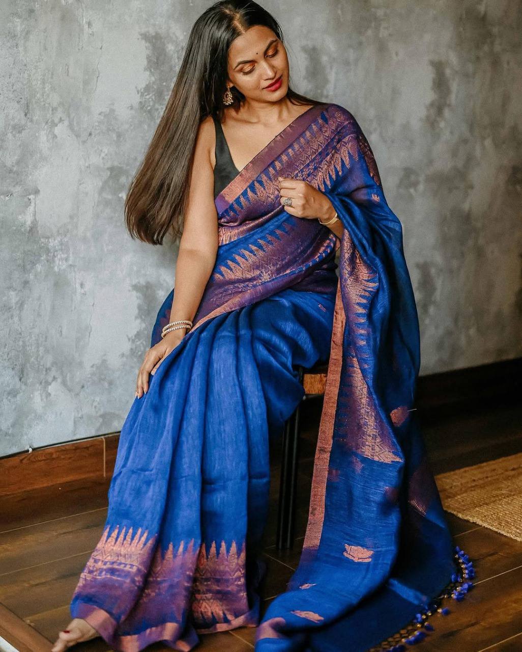 Blue Color Linen Cotton Weaving Saree