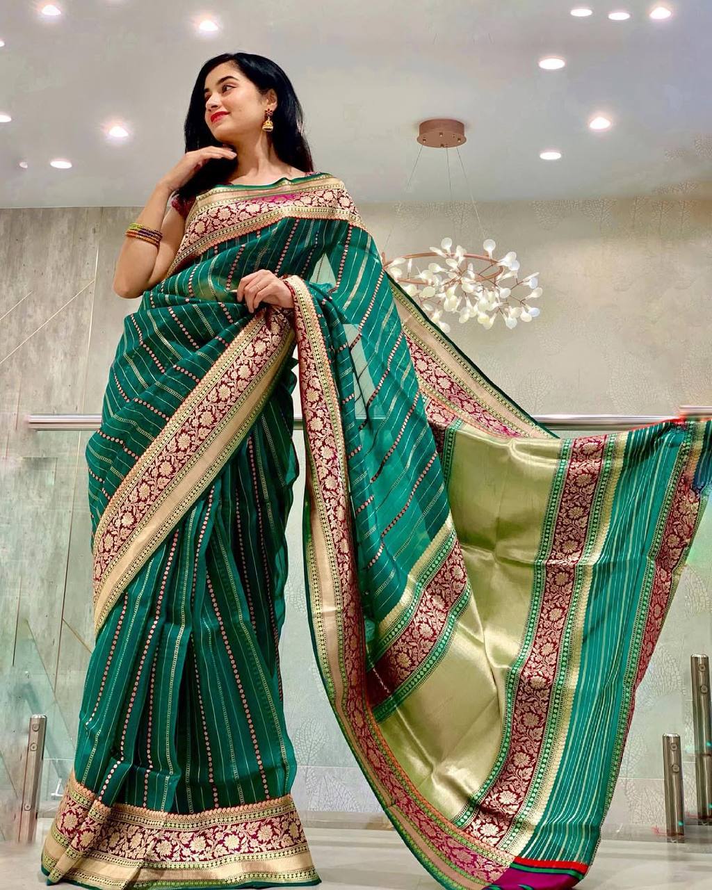 Sea Green Color Jacquard Lichi Silk Saree