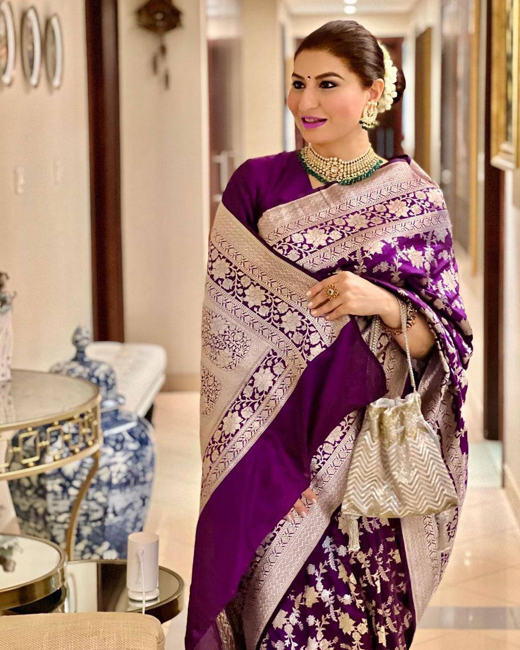 Elegant Soft Lichi Silk Saree with Rich Jacquard Weaving &amp; Contrast Brocade Blouse