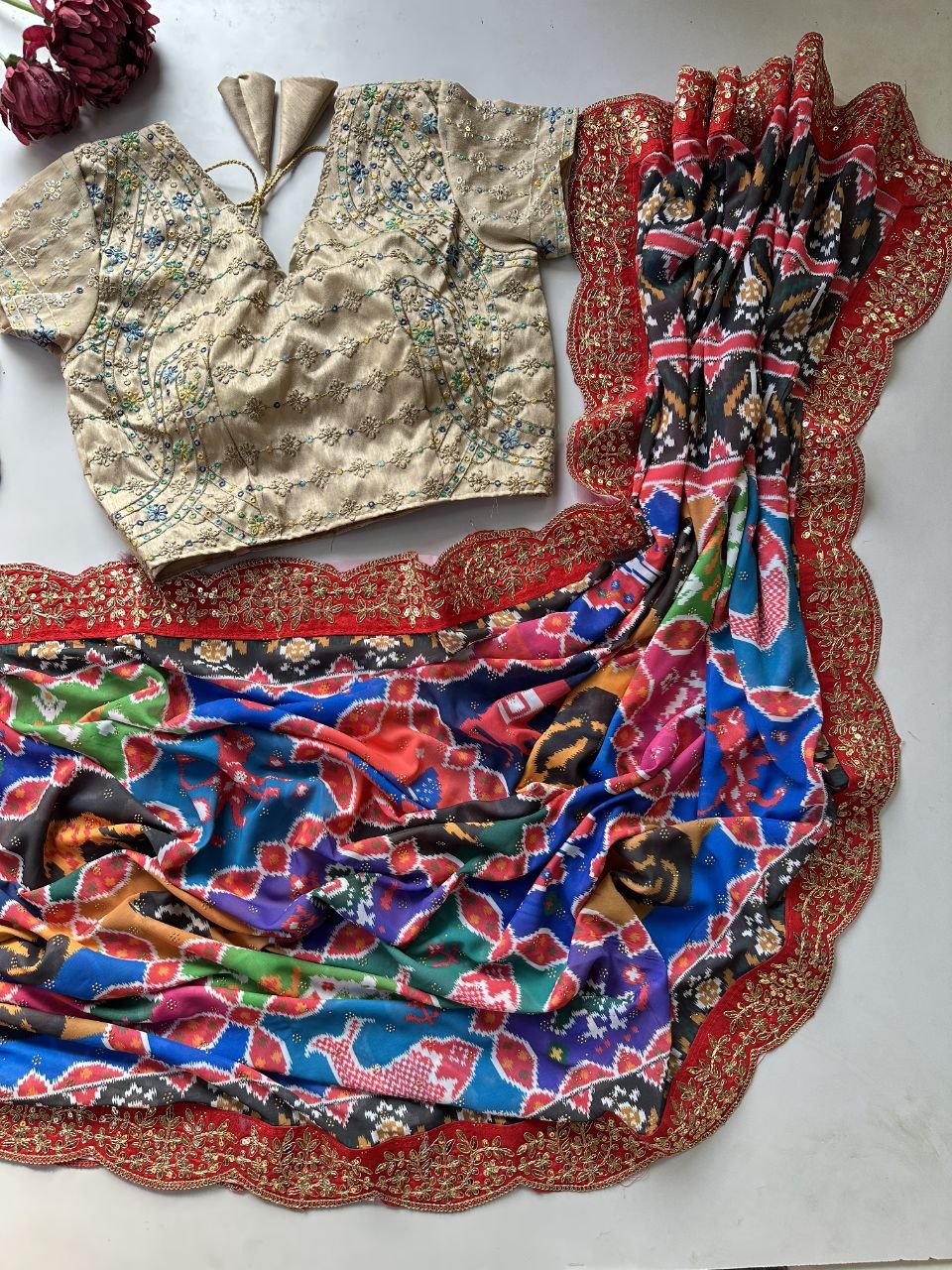 Heavy Quality Georgette Saree, Digital Print Patola Design, Swarovski & Coding Sequins Lace Border, Mono Silk Blouse