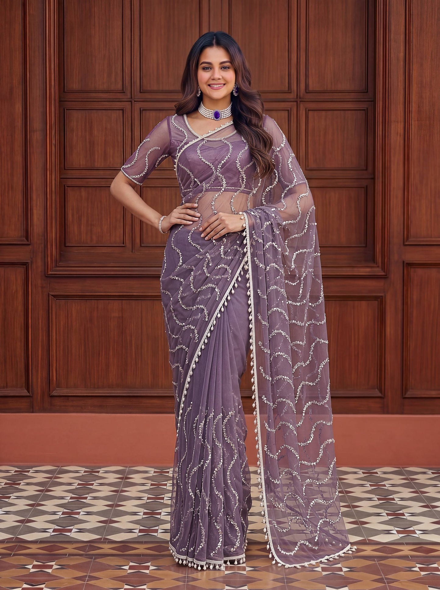 Designer Net Embroidered Saree with Beads Sequins & Pearl Work
