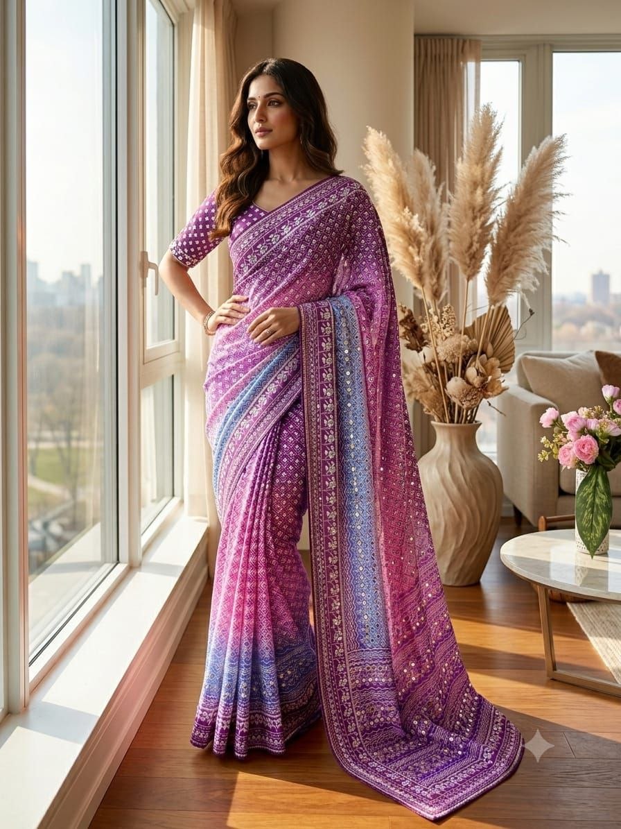 Soft Chinon Silk Designer Saree Mirror work and Hand Aari Work