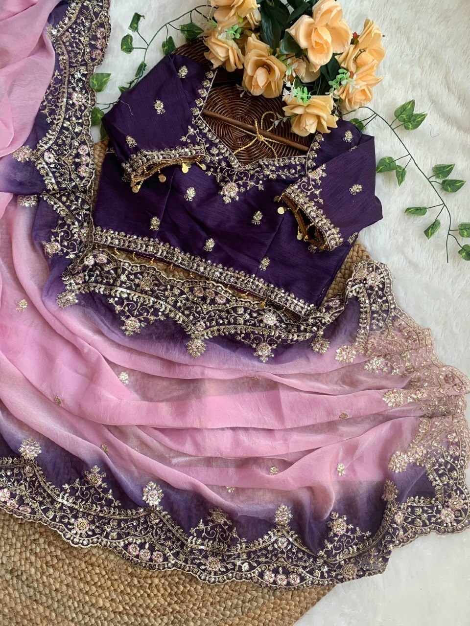 Rich Embroidery Moss Padding Silk Saree with Stitched Blouse