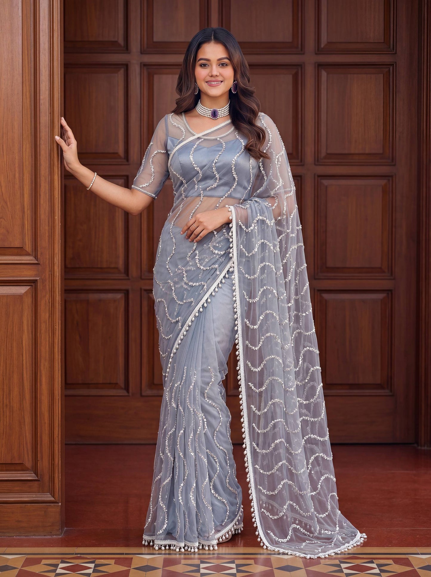 Designer Net Embroidered Saree with Beads Sequins & Pearl Work