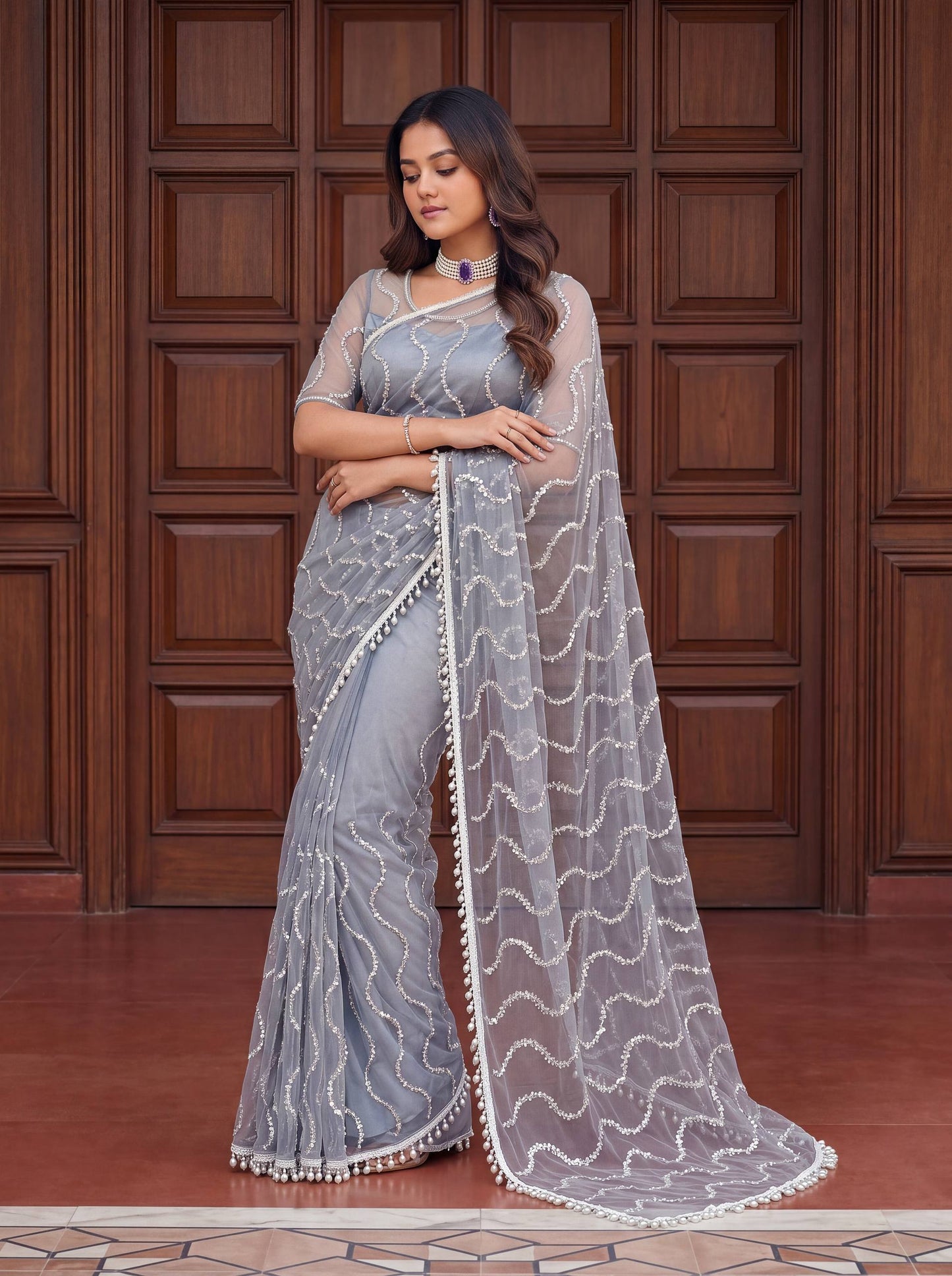 Designer Net Embroidered Saree with Beads Sequins & Pearl Work
