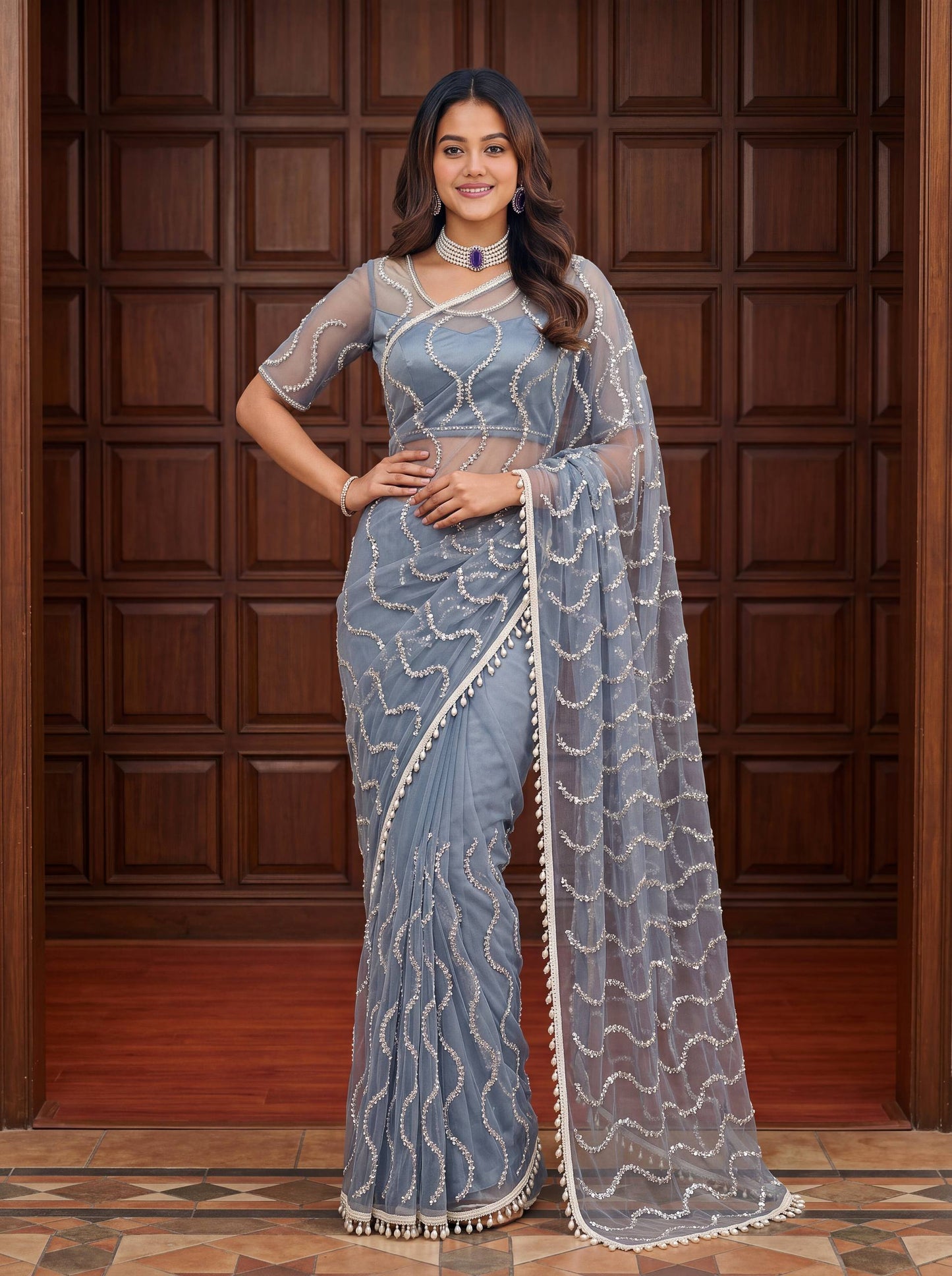 Designer Net Embroidered Saree with Beads Sequins & Pearl Work