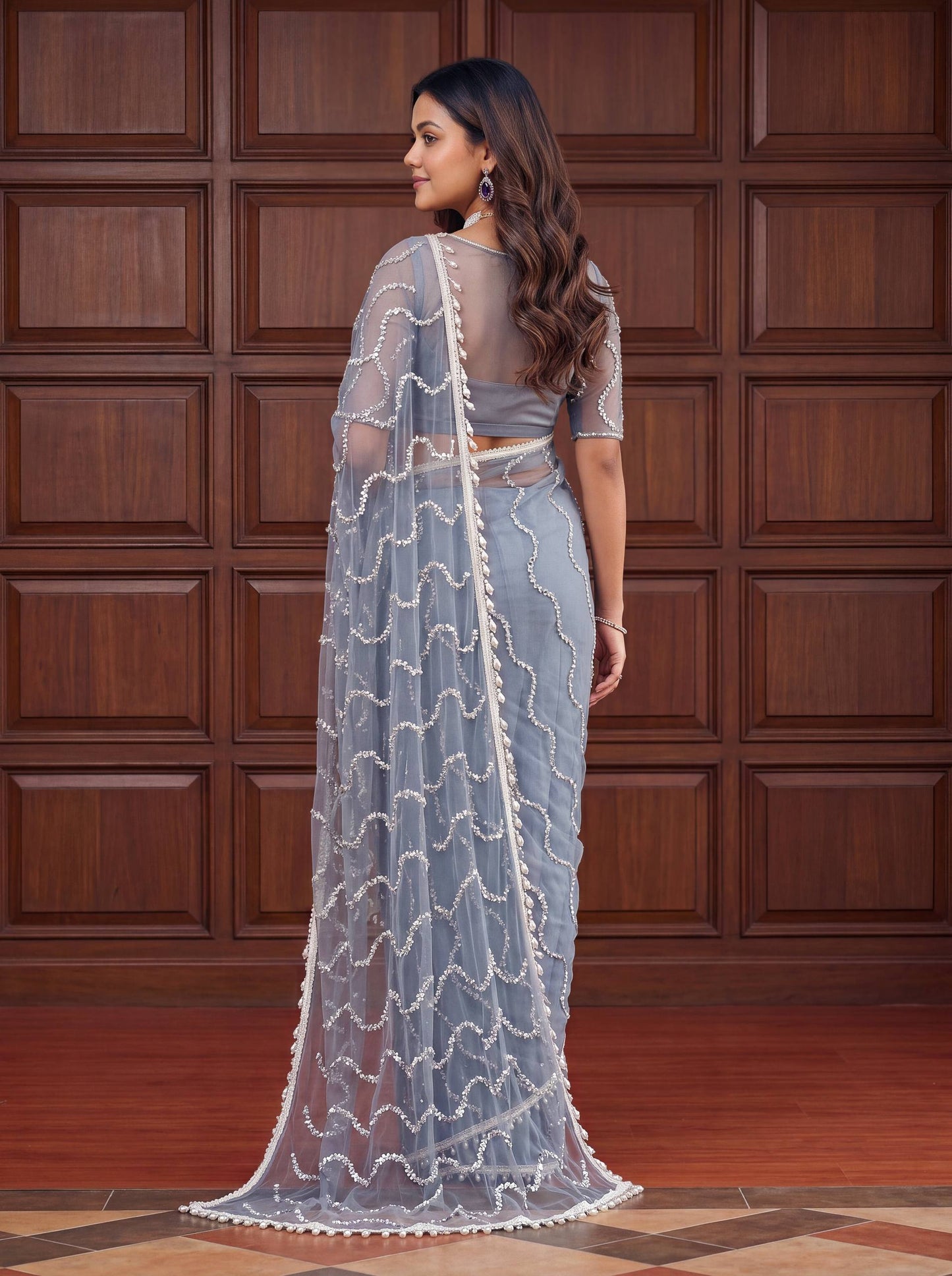 Designer Net Embroidered Saree with Beads Sequins & Pearl Work