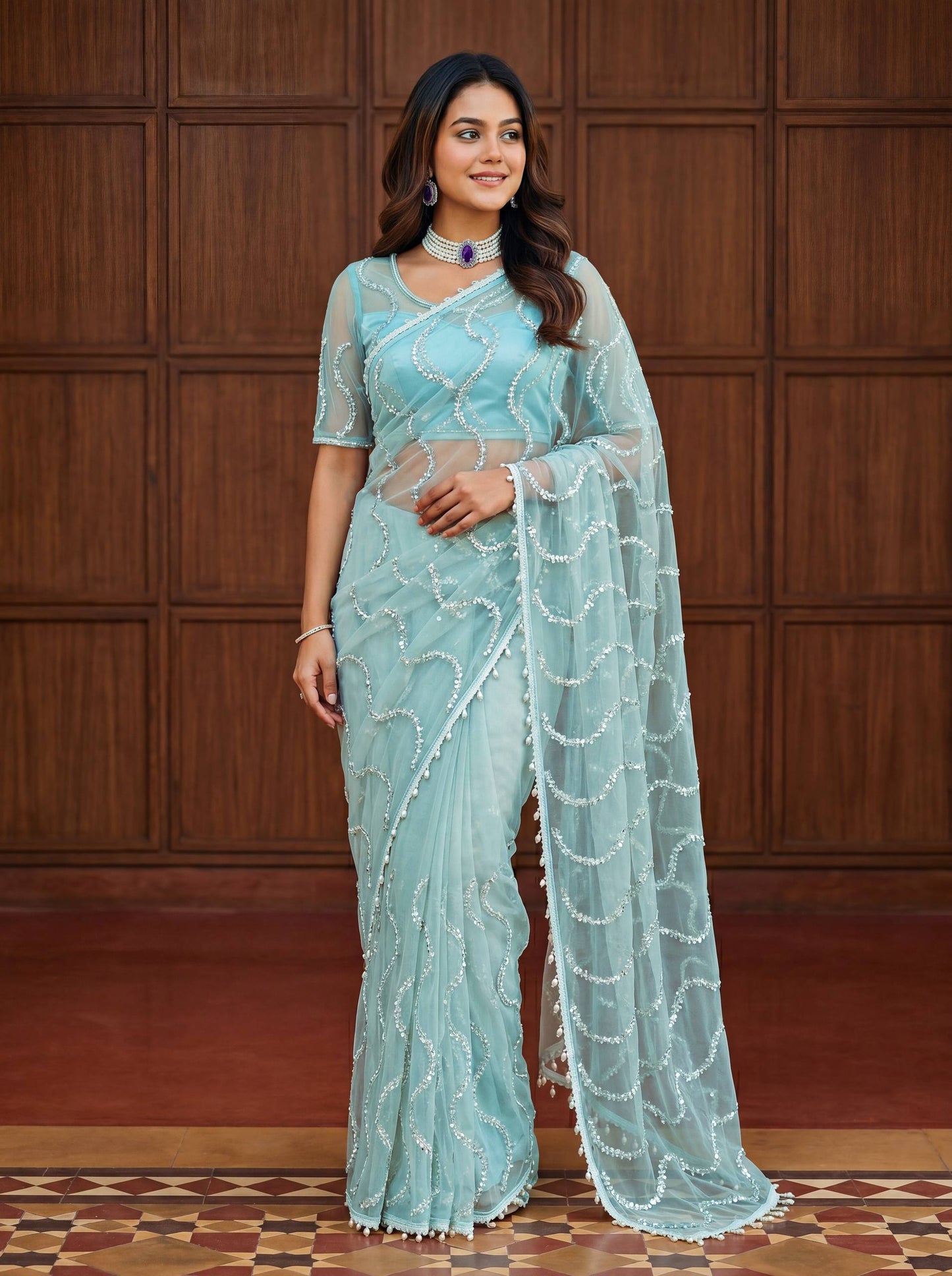 Designer Net Embroidered Saree with Beads Sequins & Pearl Work