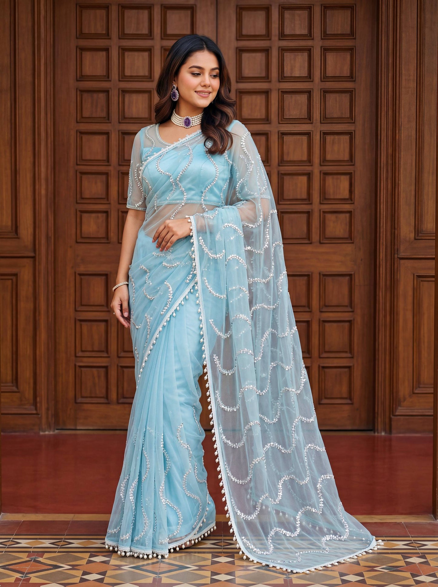 Designer Net Embroidered Saree with Beads Sequins & Pearl Work