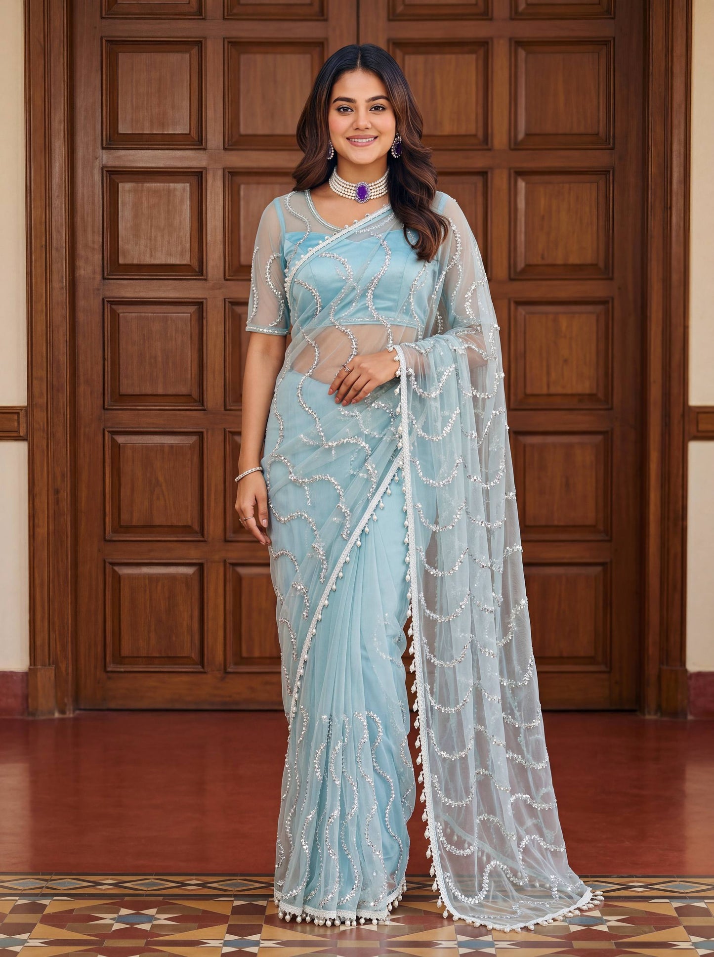 Designer Net Embroidered Saree with Beads Sequins & Pearl Work