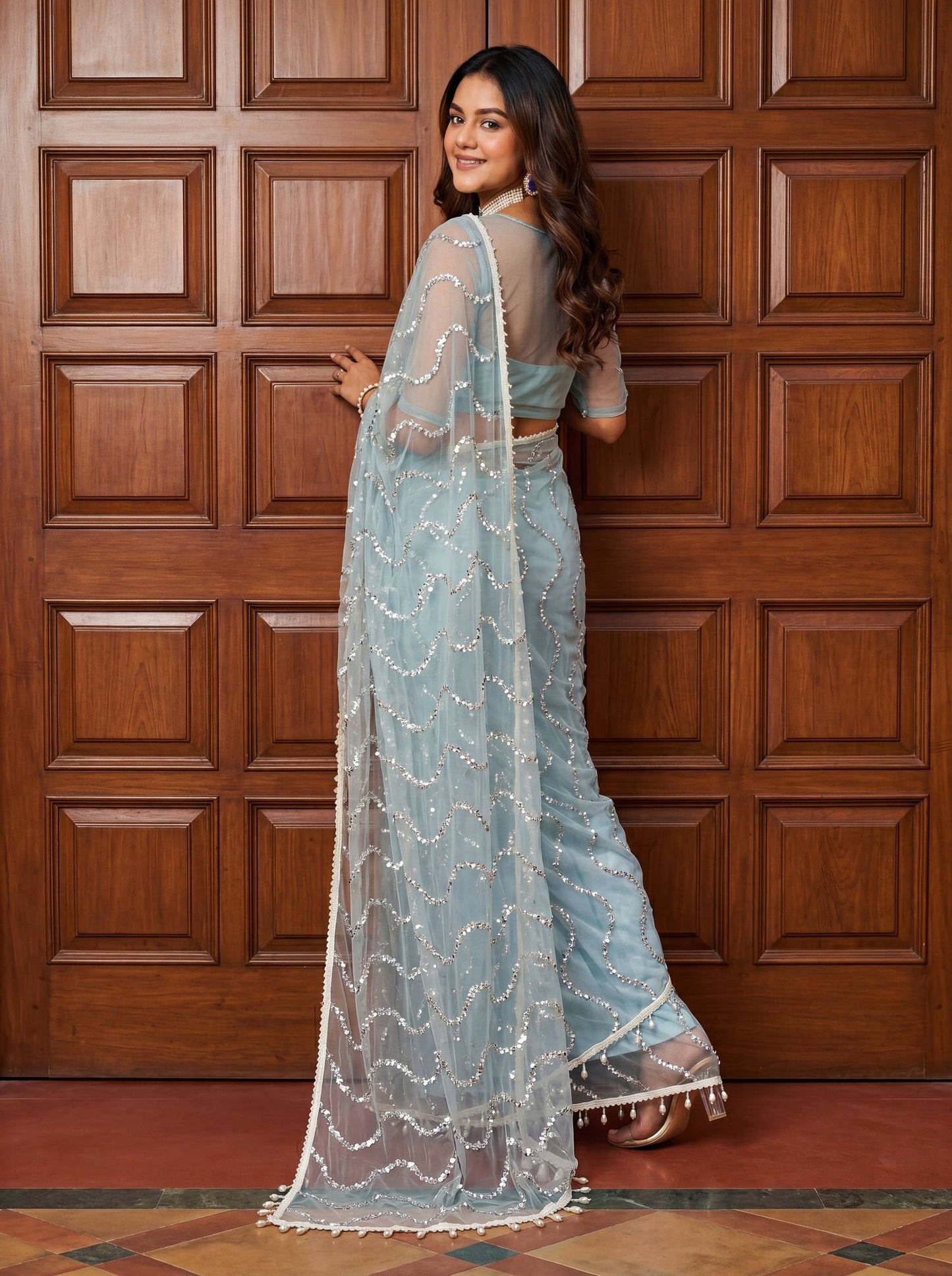 Designer Net Embroidered Saree with Beads Sequins & Pearl Work
