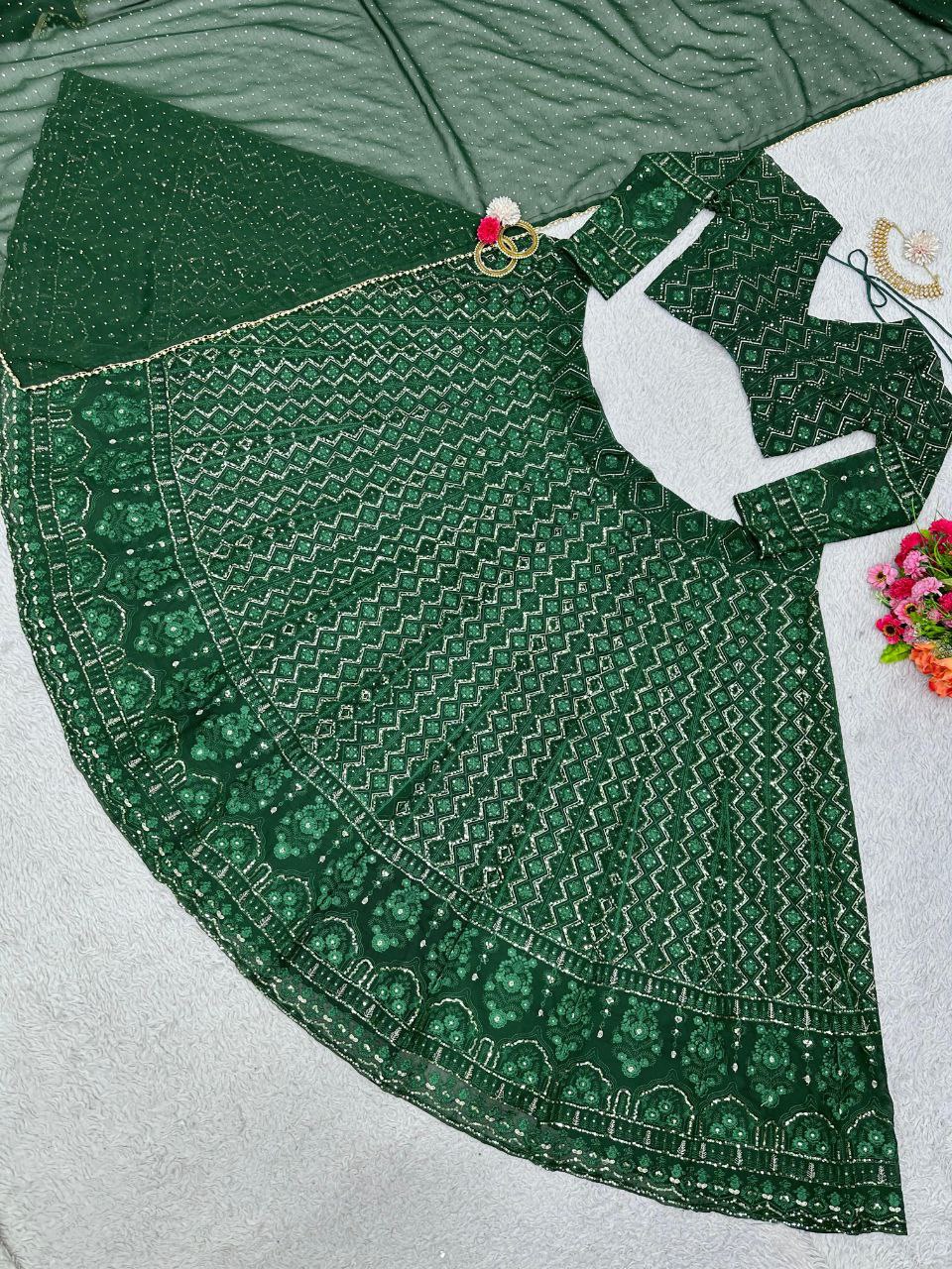 Beautiful Green Color  Georgette Sequence Work Lehenga Choli With Dupatta