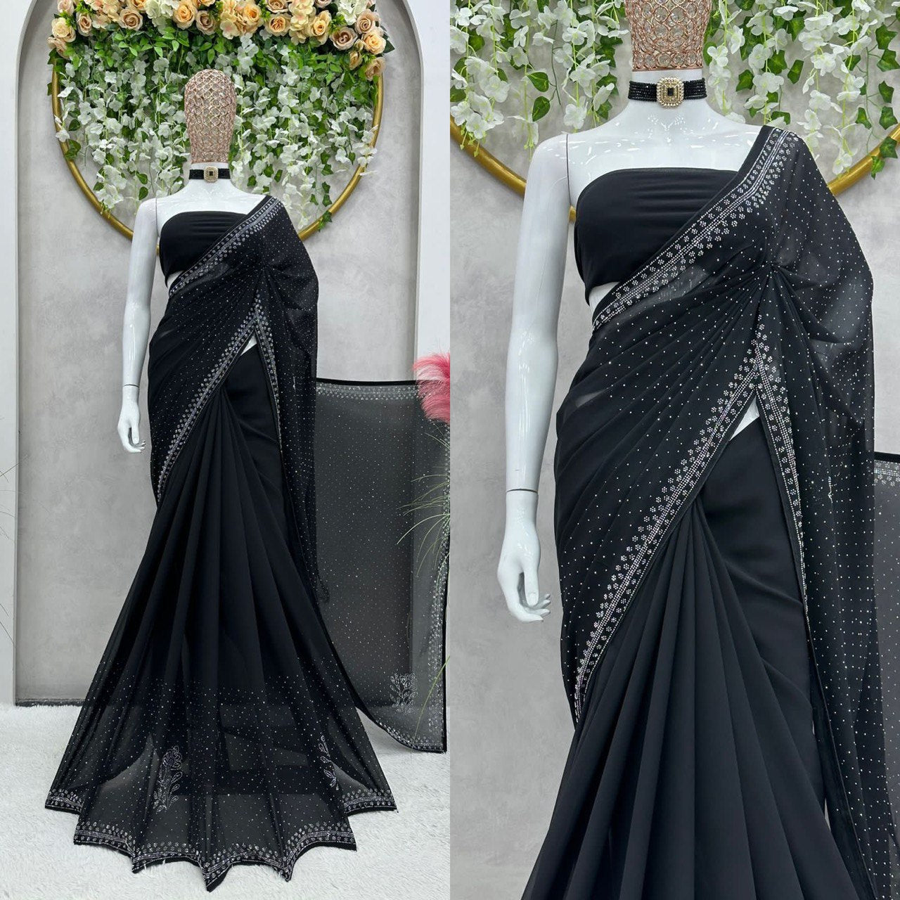 Beautiful Party Wear Black Georgette Sequence Work Saree With Blouse