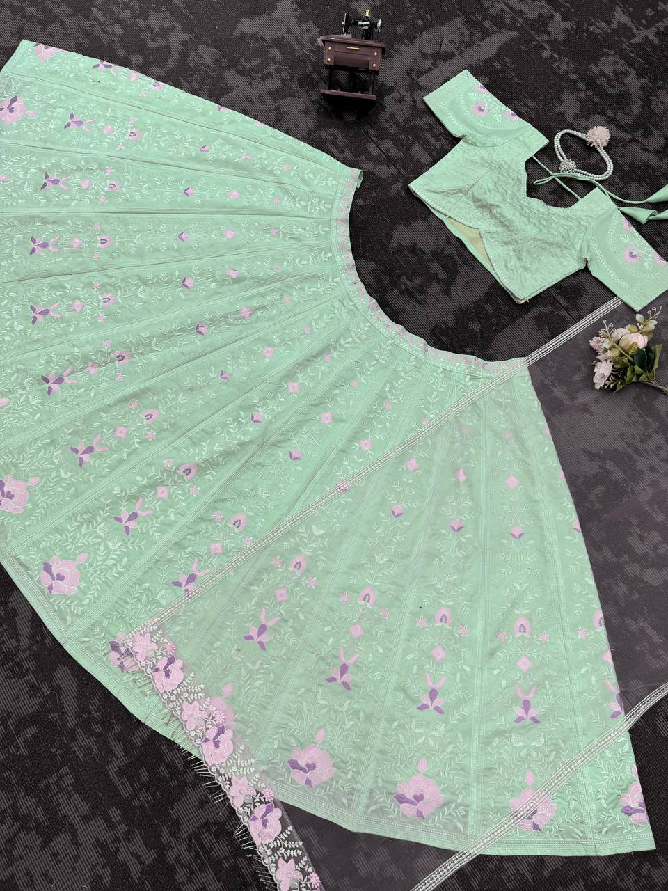 Latest Sea Green Color Mono Banglori Sequence Work Lehenga Choli