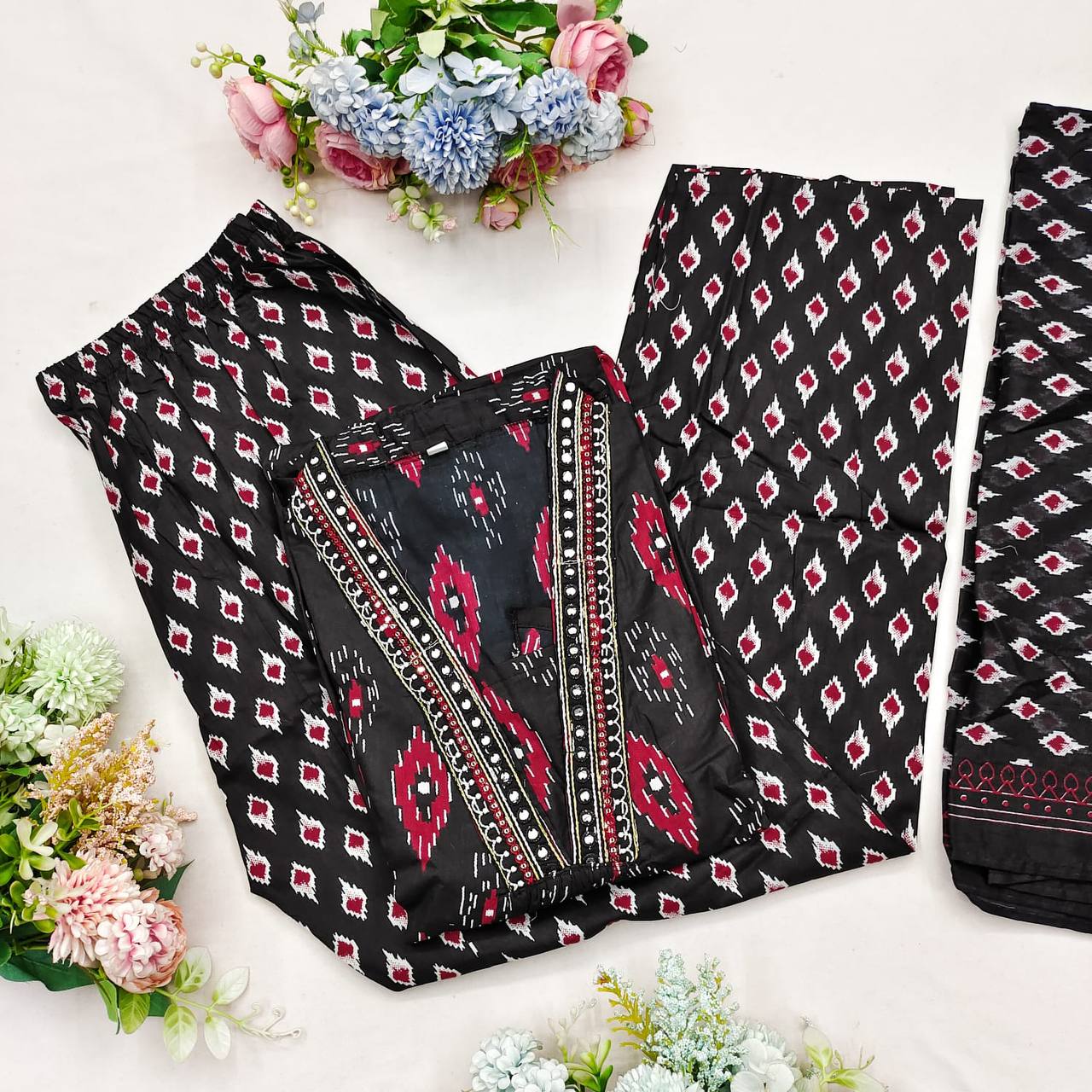 Black Color Cotton Embroidery Printed Work Salwar Suit For Women