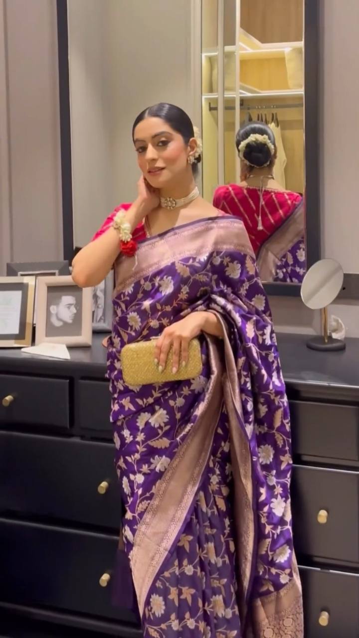 Wedding Wear Purple Color Lichi Silk Jacquard Work Saree Blouse