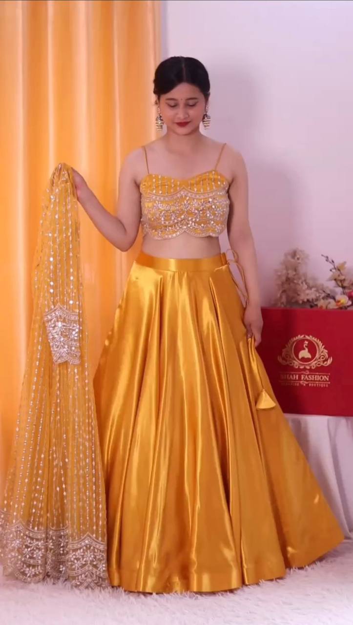 Amazing Yellow Color Sequence Work Japan Satin Lehenga Choli With Koti