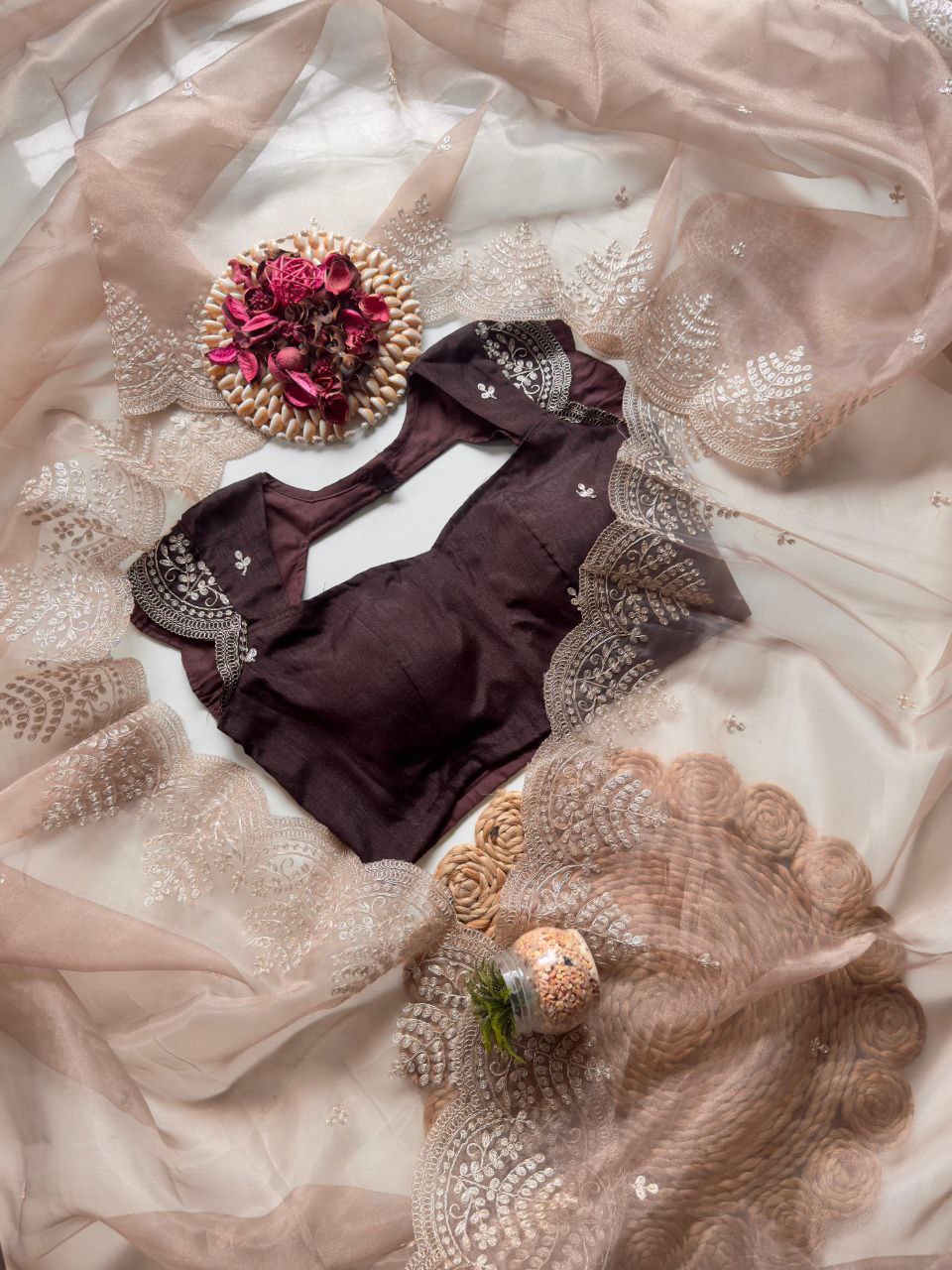 Beige color Organza Silk Saree with Blouse