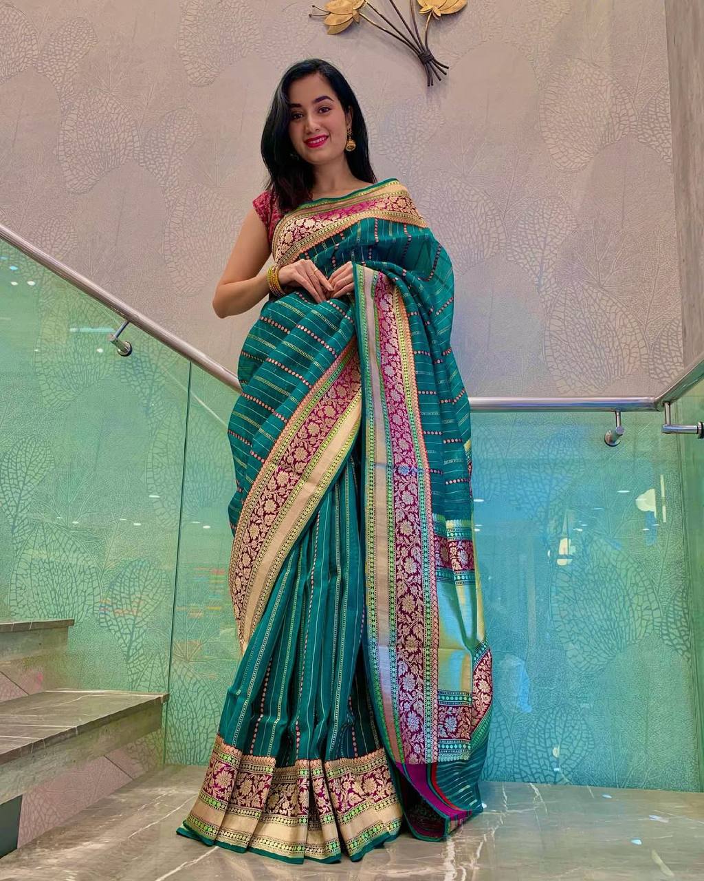 Sea Green Color Jacquard Lichi Silk Saree