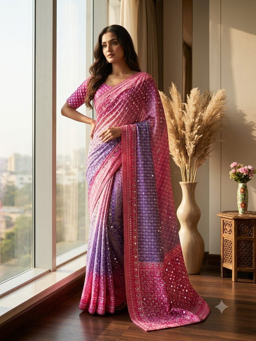 Soft Chinon Silk Designer Saree Mirror work and Hand Aari Work