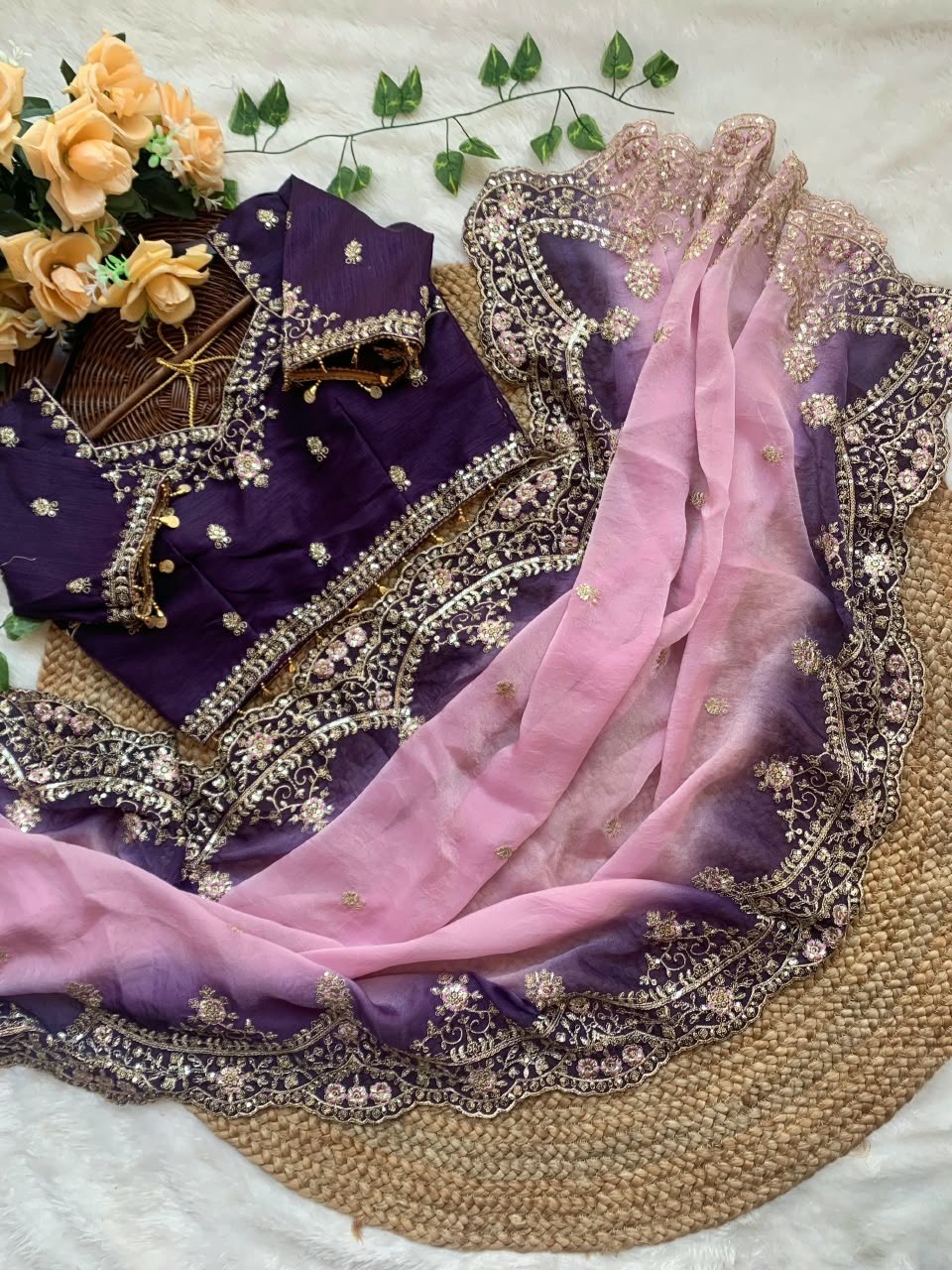 Rich Embroidery Moss Padding Silk Saree with Stitched Blouse