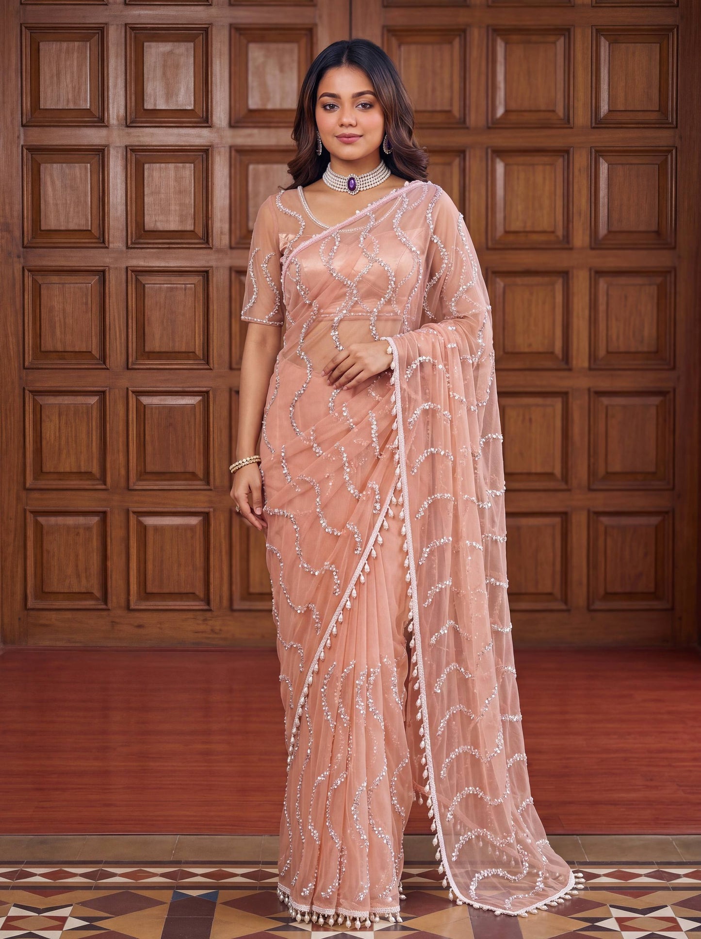 Designer Net Embroidered Saree with Beads Sequins & Pearl Work