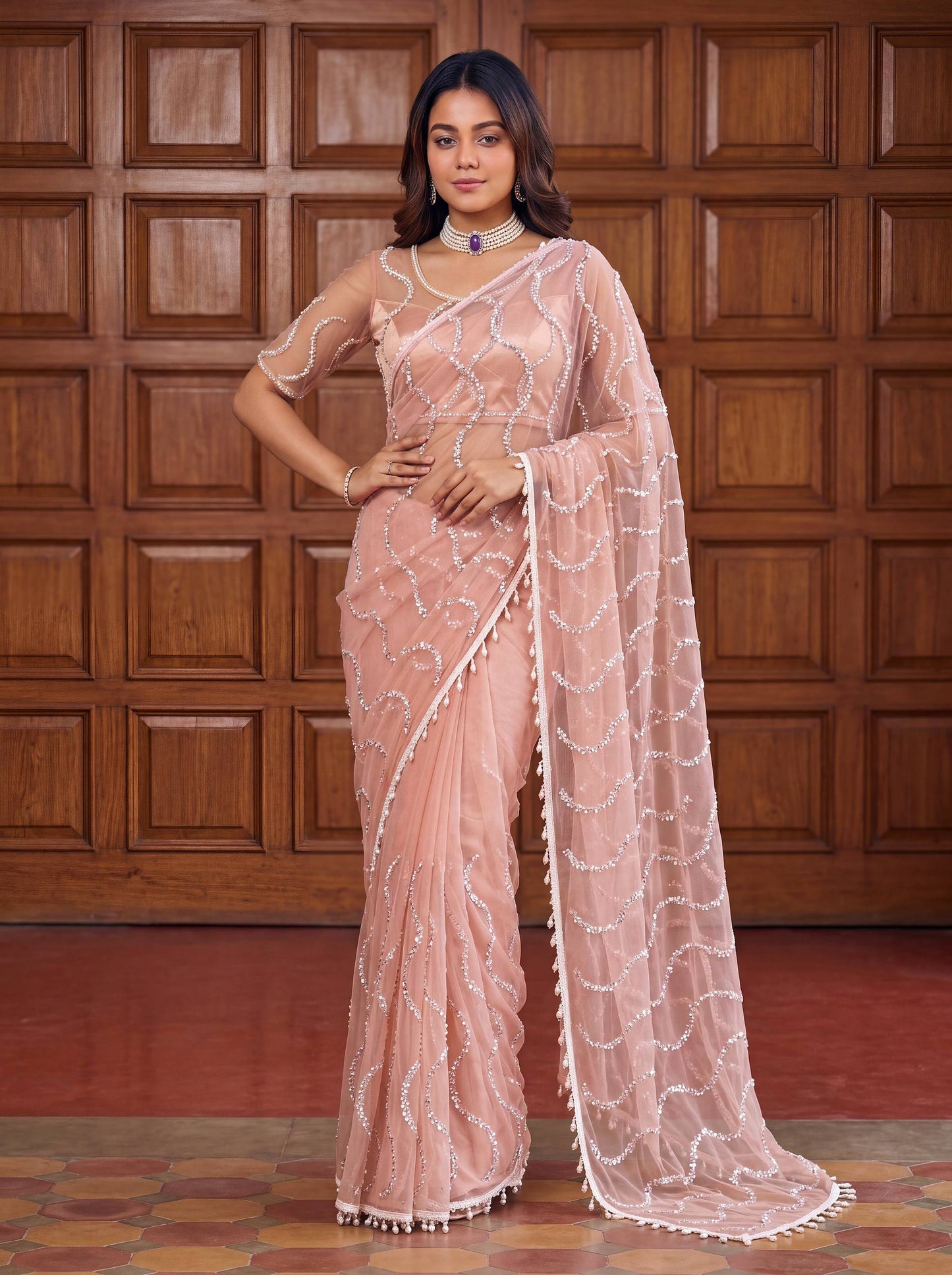 Designer Net Embroidered Saree with Beads Sequins & Pearl Work
