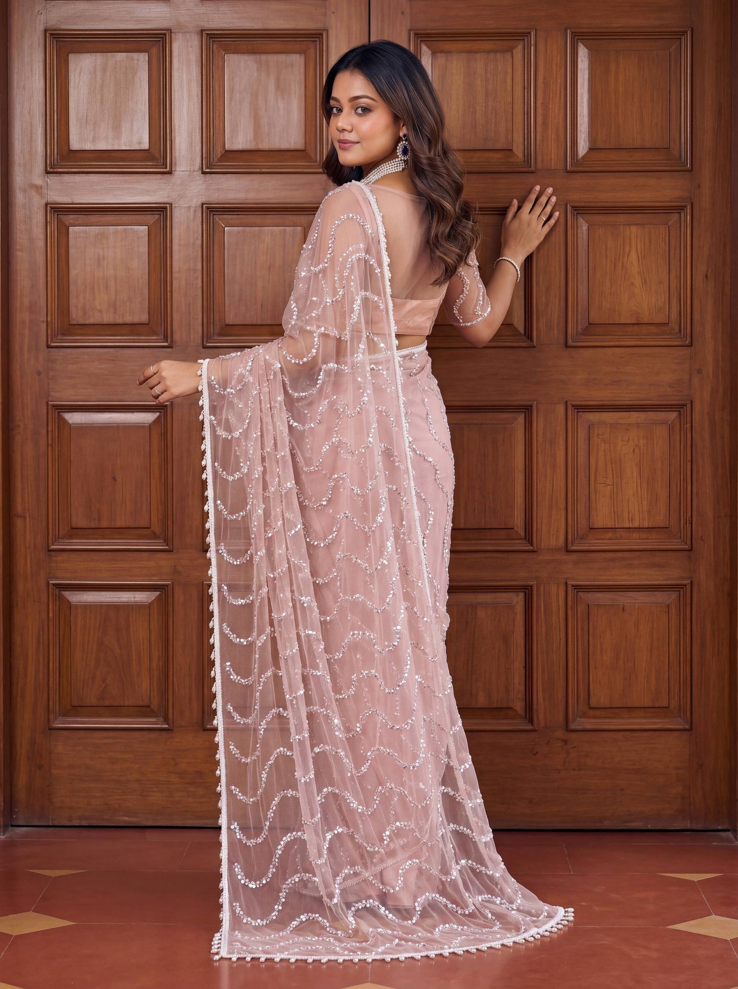 Designer Net Embroidered Saree with Beads Sequins & Pearl Work