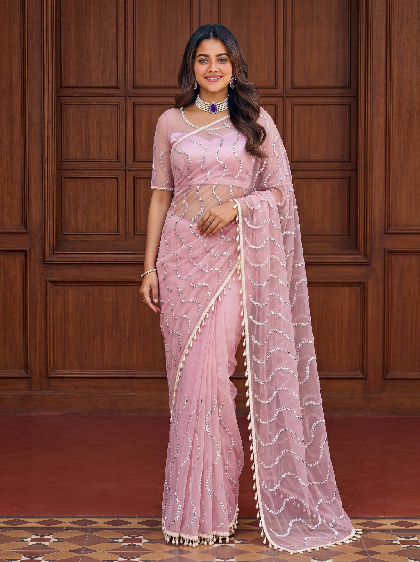 Designer Net Embroidered Saree with Beads Sequins & Pearl Work