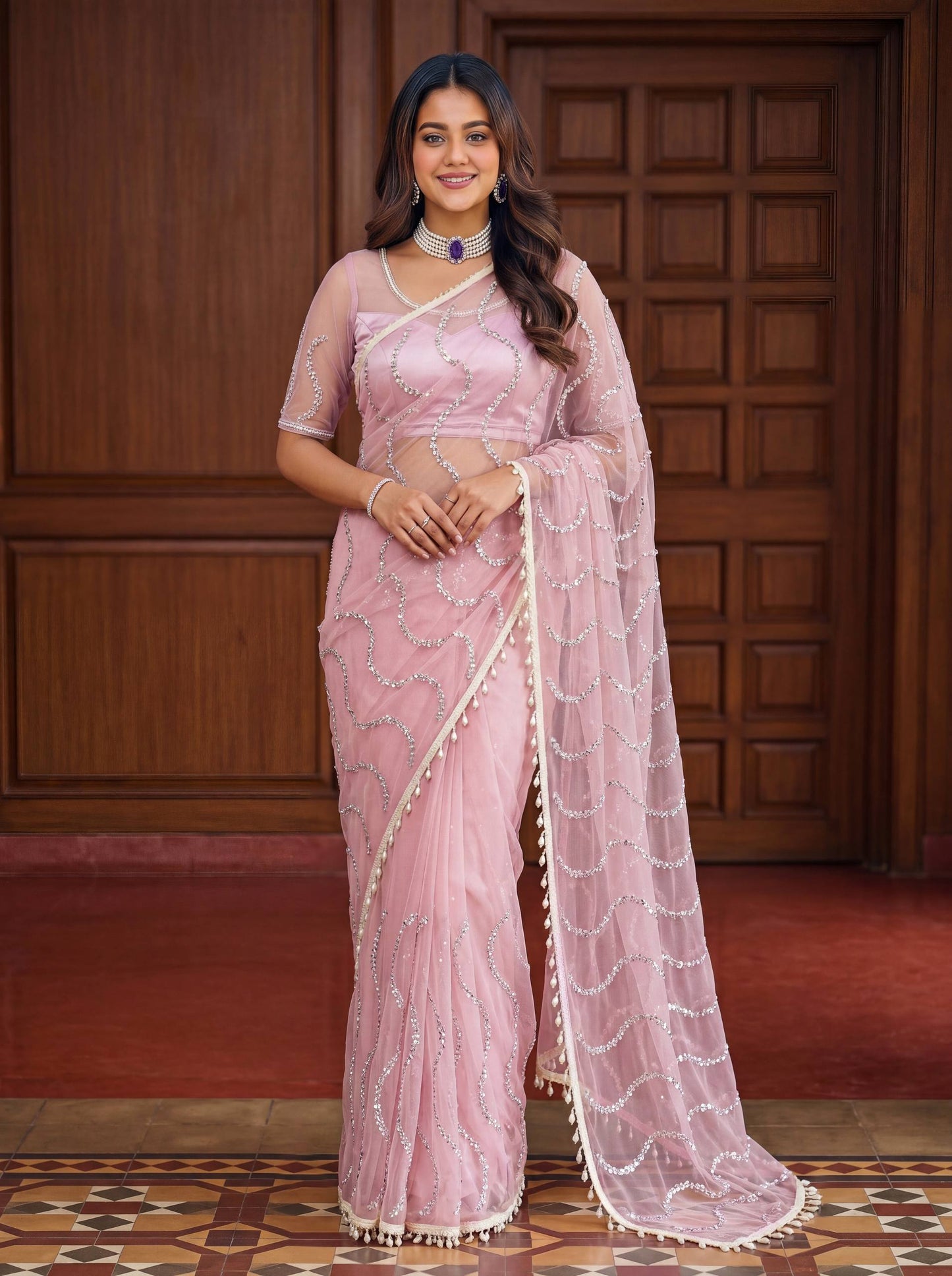 Designer Net Embroidered Saree with Beads Sequins & Pearl Work