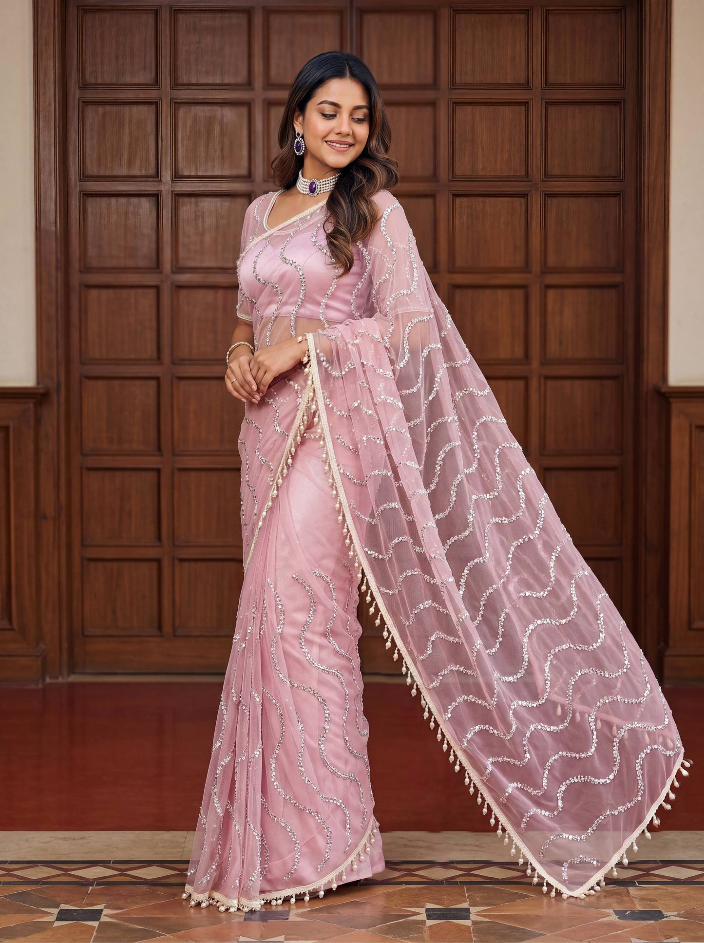 Designer Net Embroidered Saree with Beads Sequins & Pearl Work