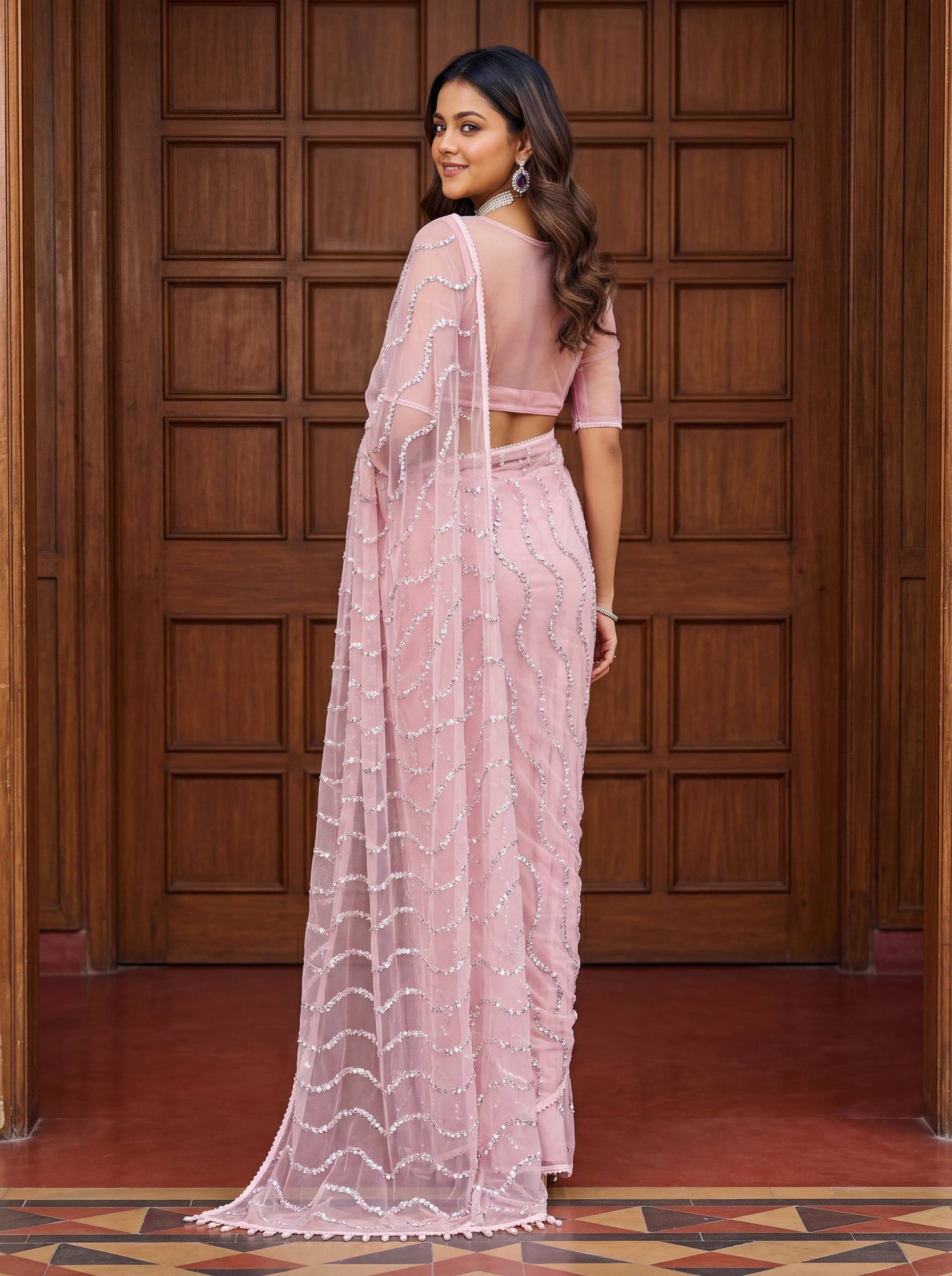 Designer Net Embroidered Saree with Beads Sequins & Pearl Work