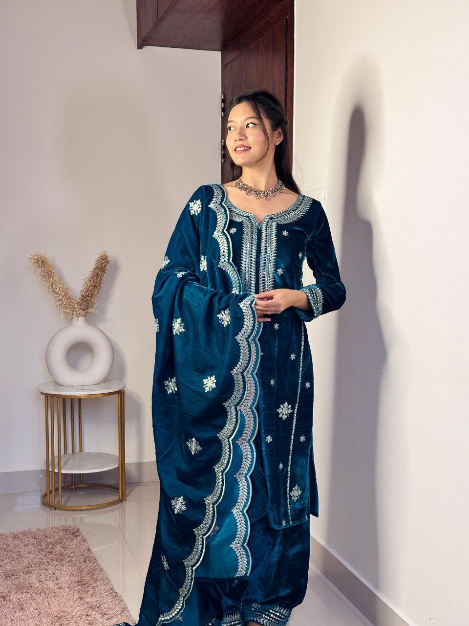 Teal Blue Velvet Dress,embroidered Velvet Suit,velvet Salwar Suit