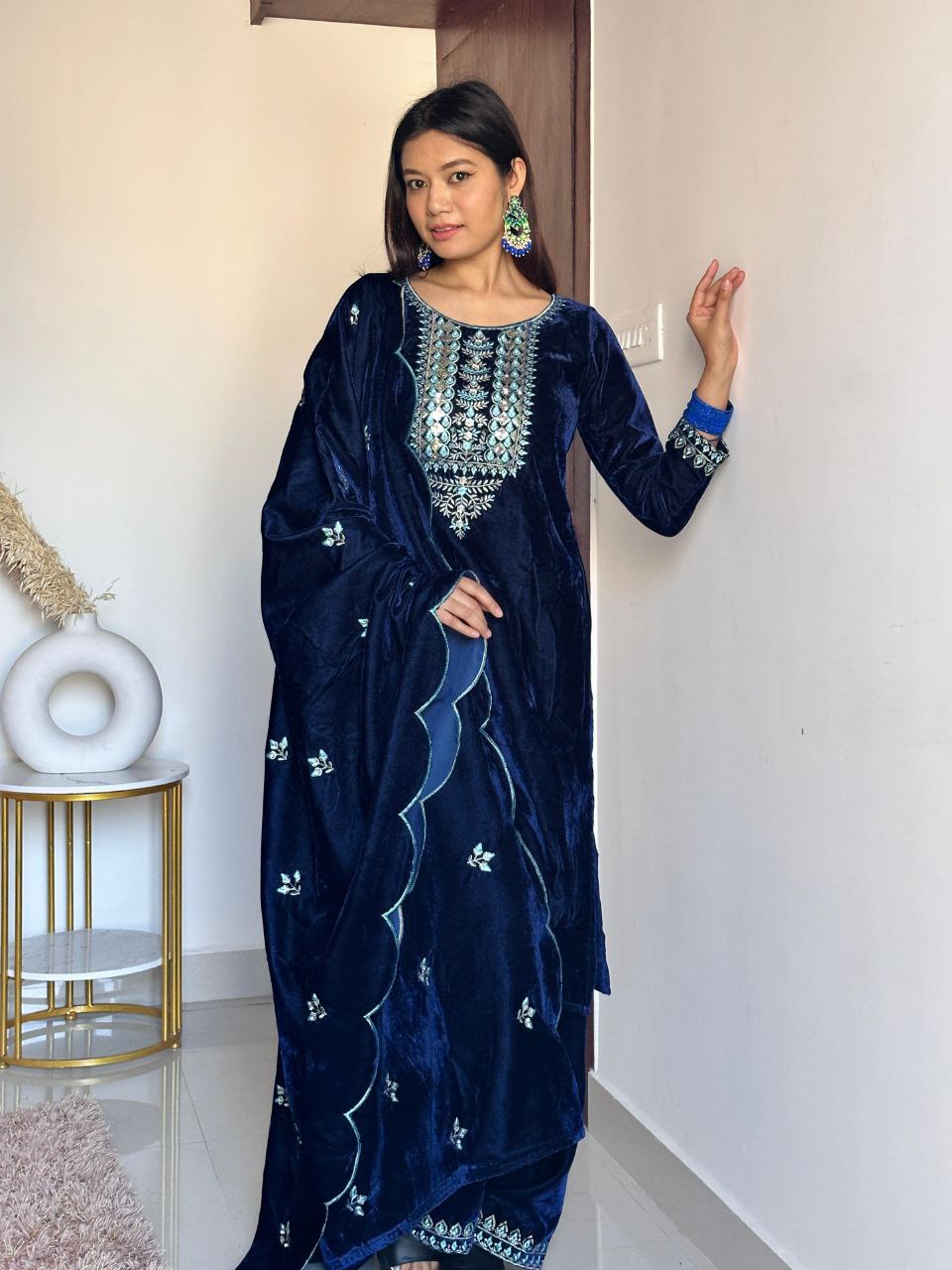 Beautiful Blue Color Heavy Velvet Thread Sequence Work Salwar Suit