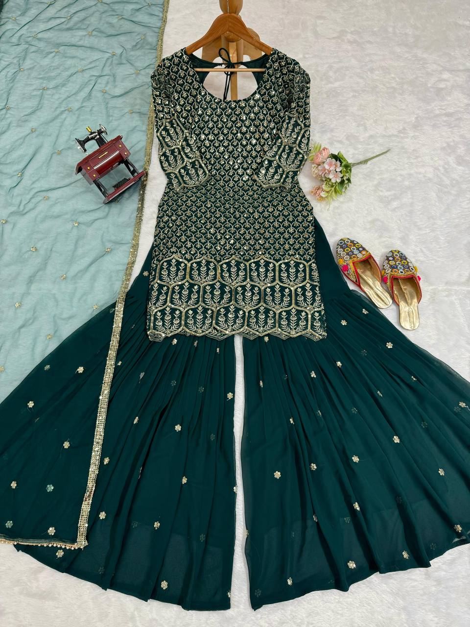 Designer Bottle Green Color Georgette Sequence Work Salwar Suit