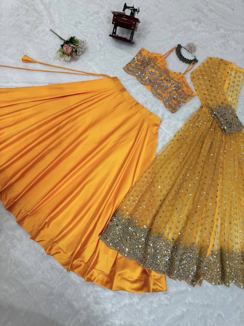 Amazing Yellow Color Sequence Work Japan Satin Lehenga Choli With Koti