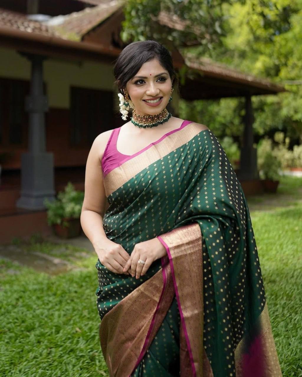 Green Color Lichi Silk Jacquard Saree