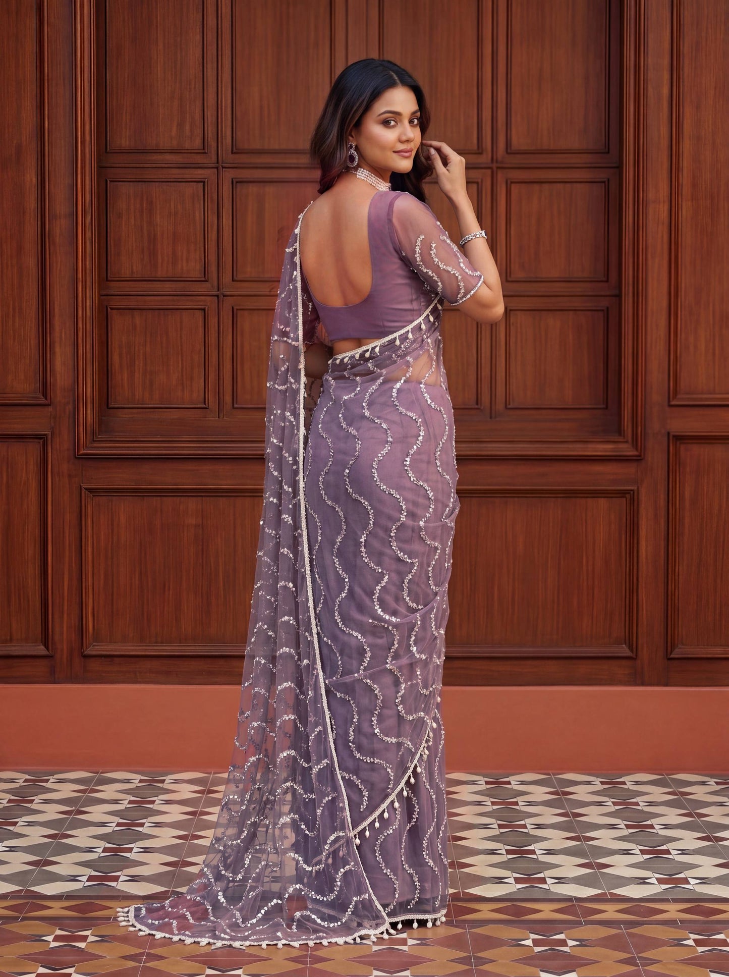 Designer Net Embroidered Saree with Beads Sequins & Pearl Work