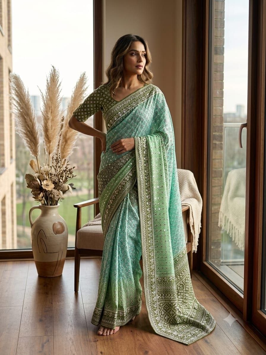 Soft Chinon Silk Designer Saree Mirror work and Hand Aari Work