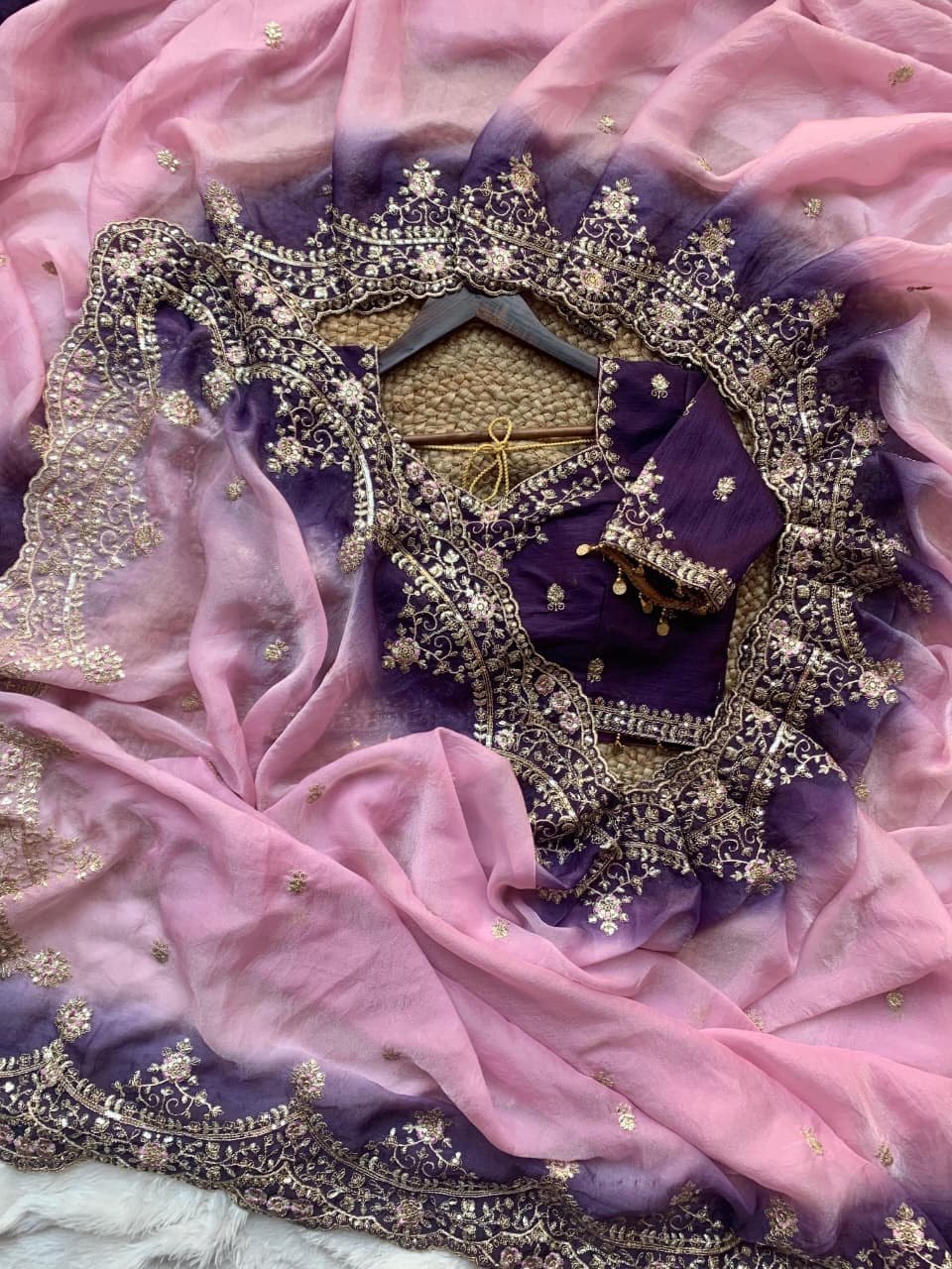 Rich Embroidery Moss Padding Silk Saree with Stitched Blouse