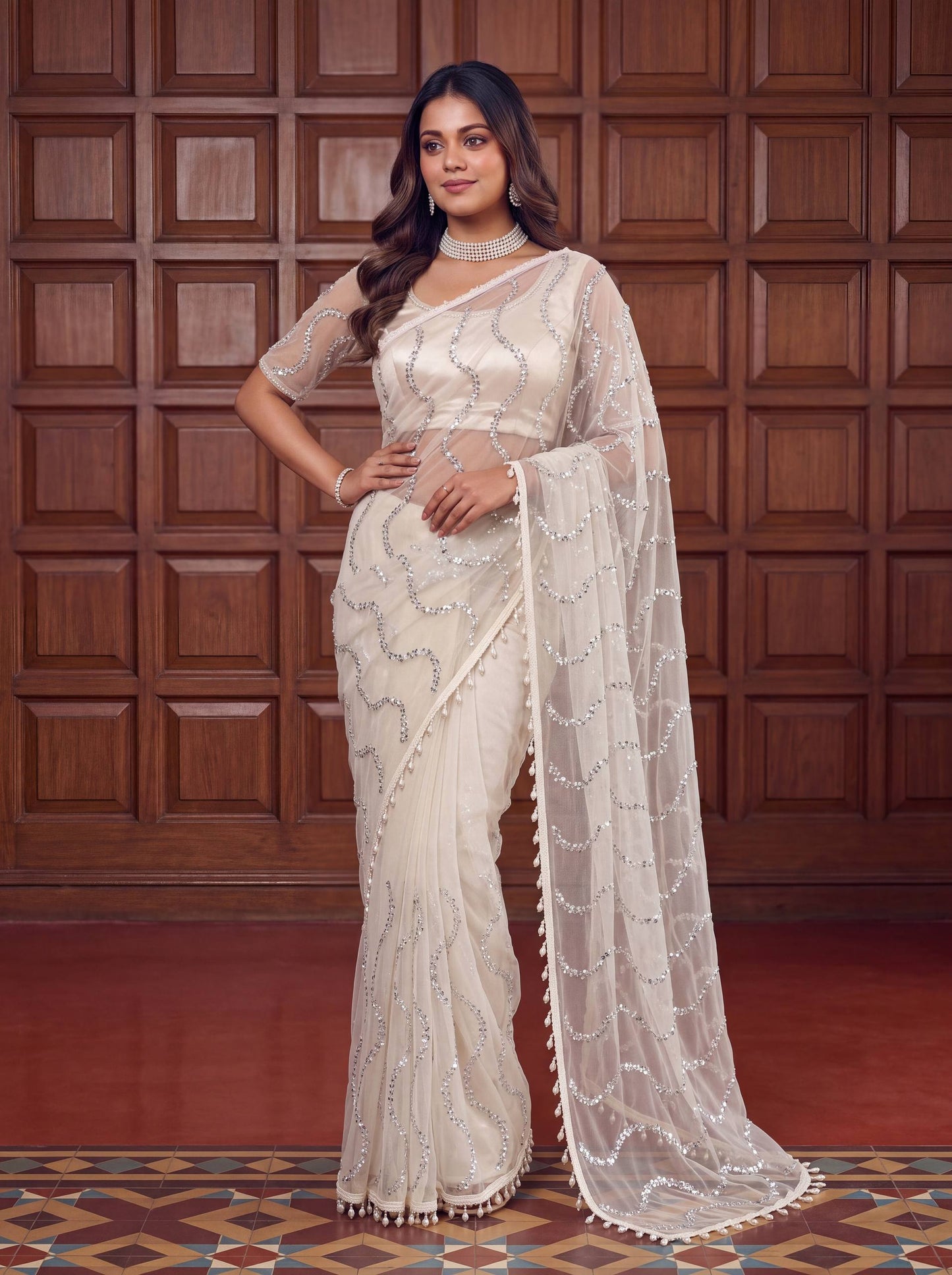 Designer Net Embroidered Saree with Beads Sequins & Pearl Work