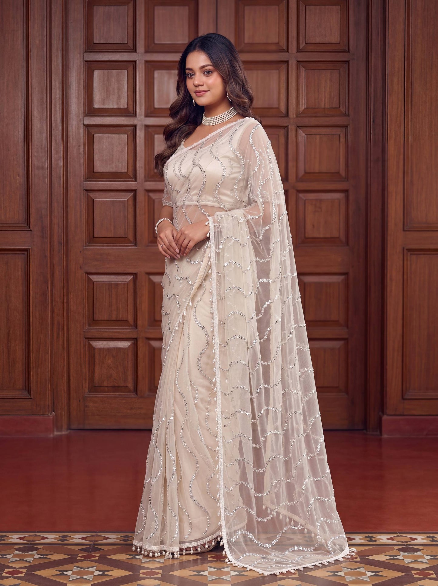 Designer Net Embroidered Saree with Beads Sequins & Pearl Work