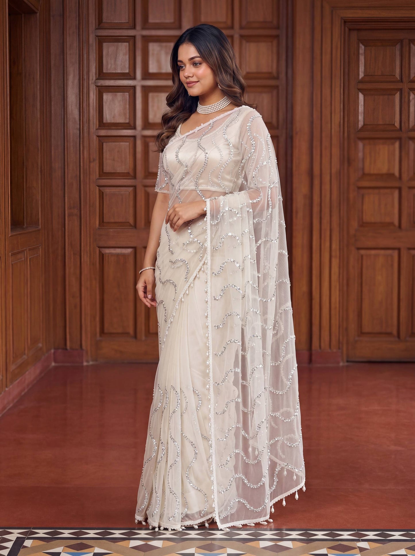 Designer Net Embroidered Saree with Beads Sequins & Pearl Work